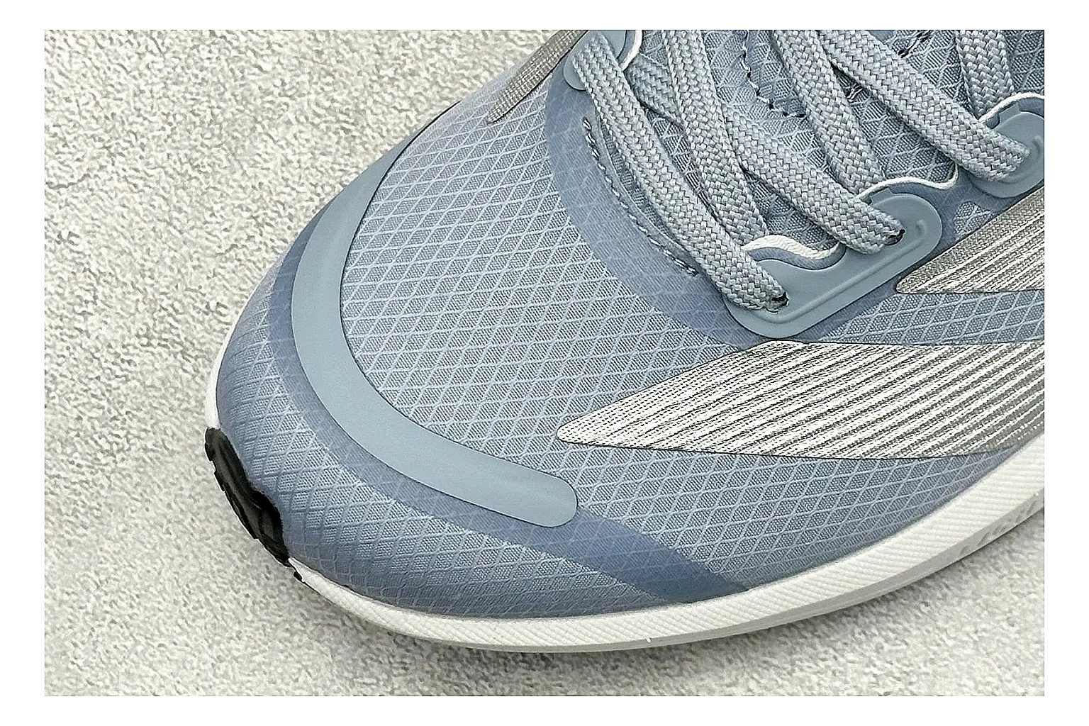 Adidas Adizero Grey Blue shopping brief photo showing grey lightweight runner upper, blue Adidas striping, slim racing shape, and low performance sole thumbnail 3