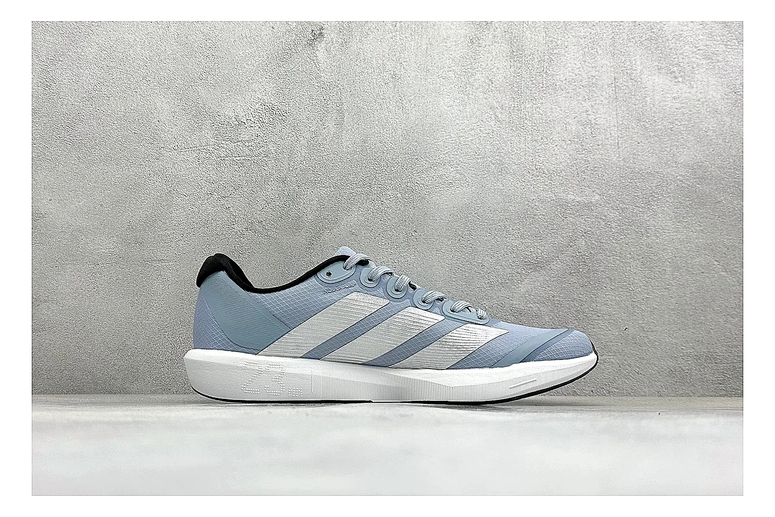 Adidas Adizero Grey Blue shopping brief photo showing grey lightweight runner upper, blue Adidas striping, slim racing shape, and low performance sole thumbnail 4