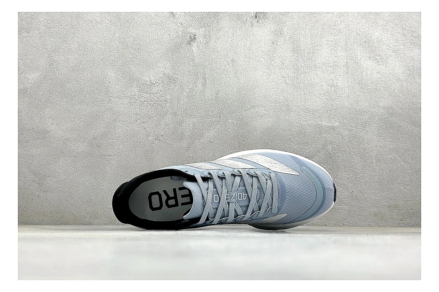 Adidas Adizero Grey Blue shopping brief photo showing grey lightweight runner upper, blue Adidas striping, slim racing shape, and low performance sole thumbnail 5