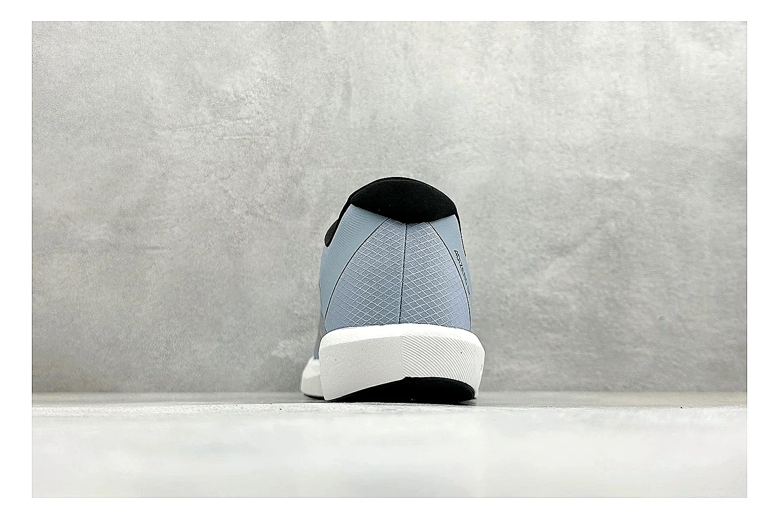 Adidas Adizero Grey Blue shopping brief photo showing grey lightweight runner upper, blue Adidas striping, slim racing shape, and low performance sole thumbnail 6