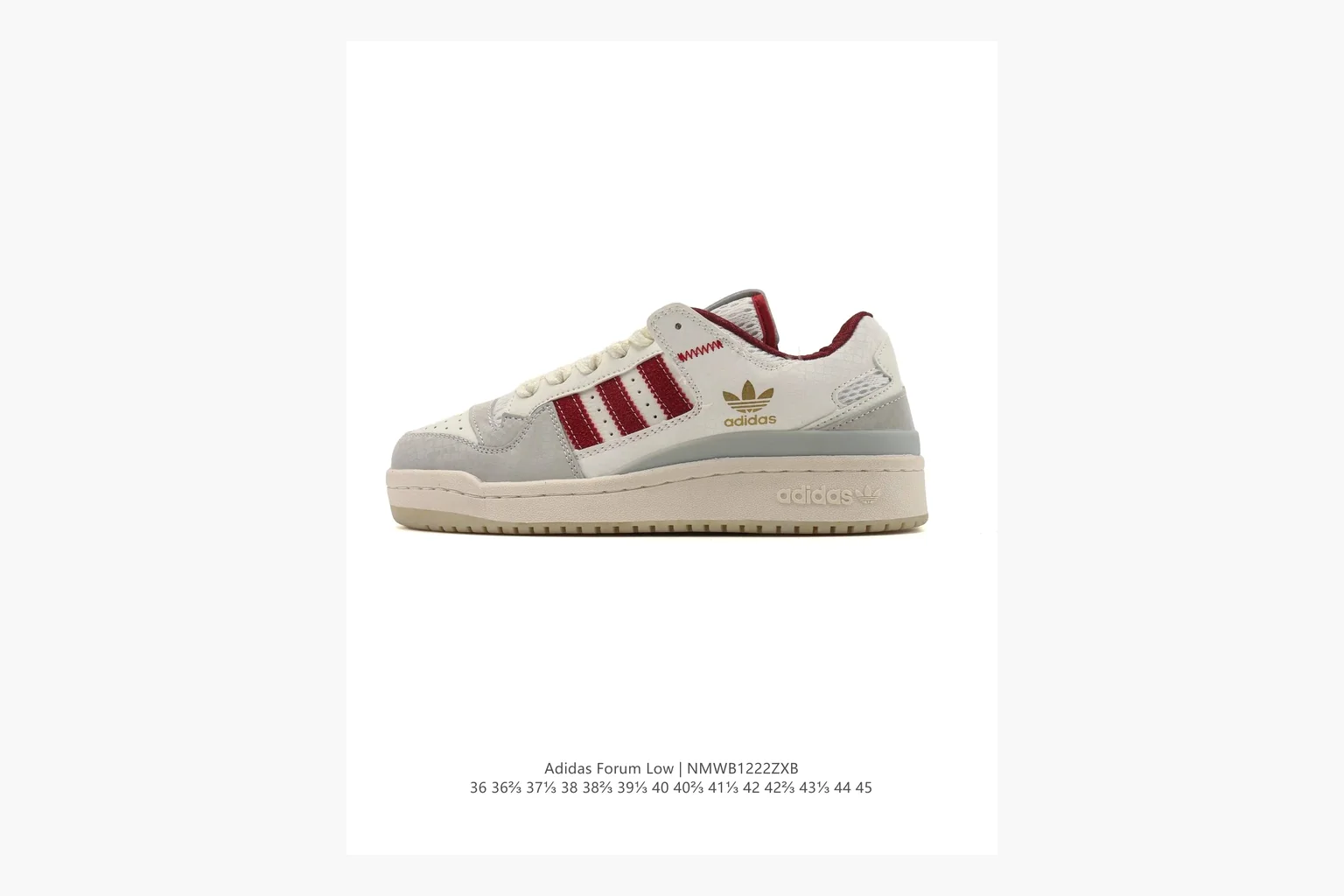 Adidas Forum Low White Burgundy shopping brief photo showing white leather low-top upper, burgundy three-stripe accents, gum sole, padded court profile, and strap-style Forum shape