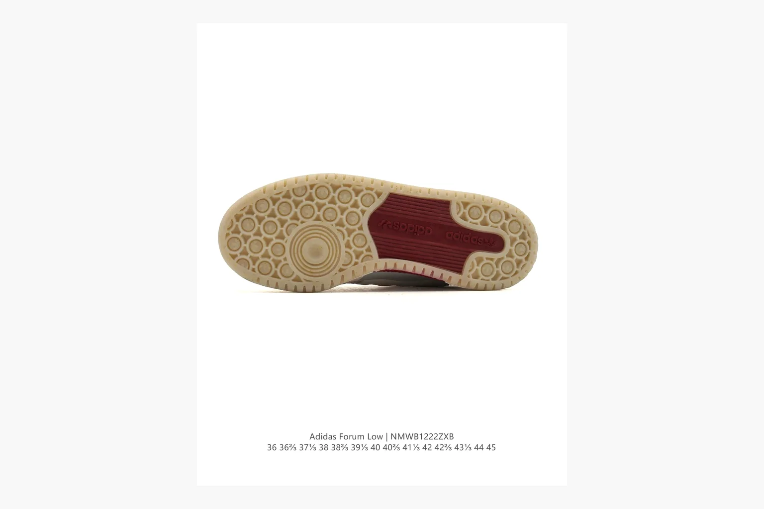 Adidas Forum Low White Burgundy shopping brief photo showing white leather low-top upper, burgundy three-stripe accents, gum sole, padded court profile, and strap-style Forum shape thumbnail 2