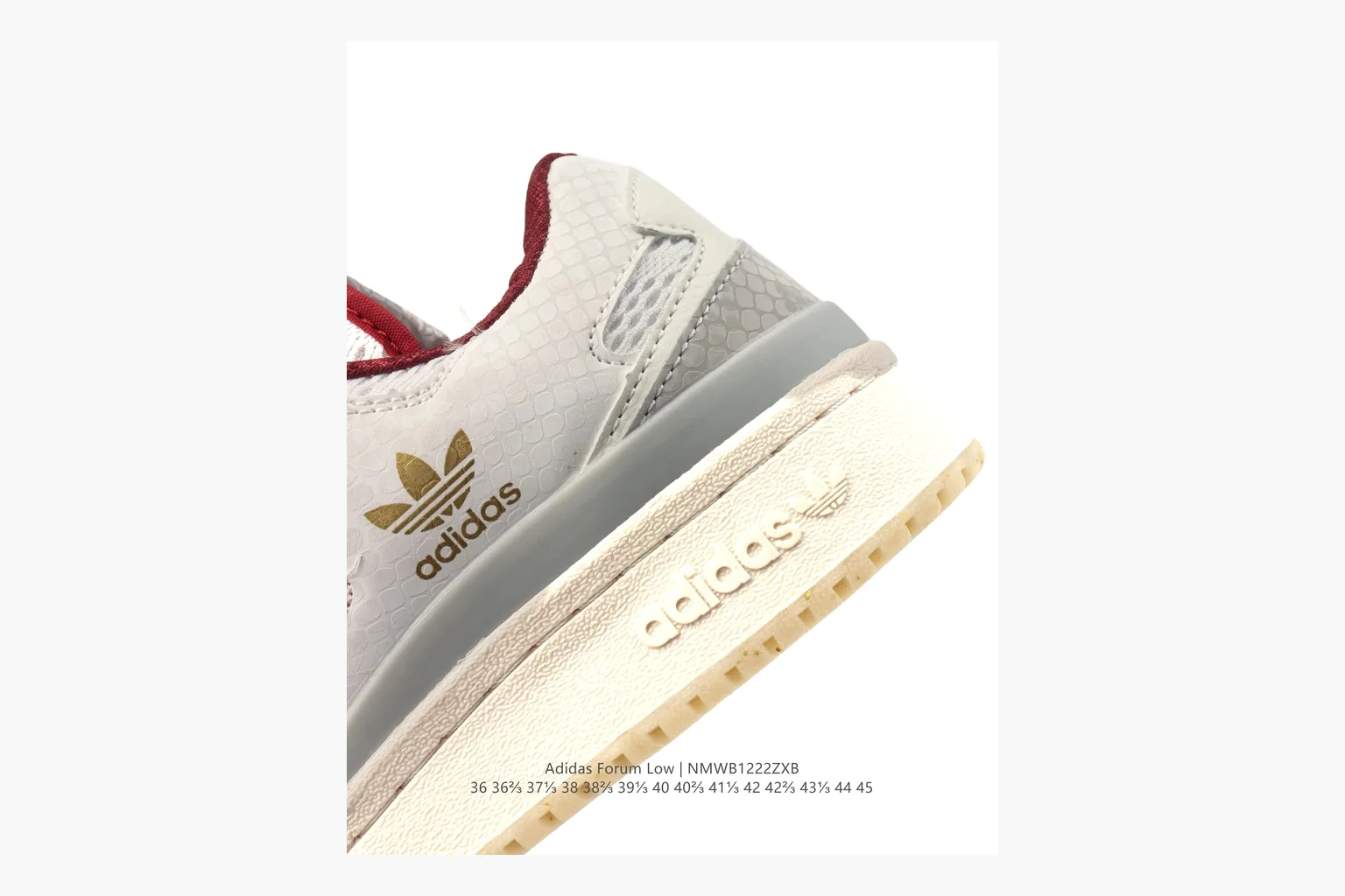Adidas Forum Low White Burgundy shopping brief photo showing white leather low-top upper, burgundy three-stripe accents, gum sole, padded court profile, and strap-style Forum shape thumbnail 3