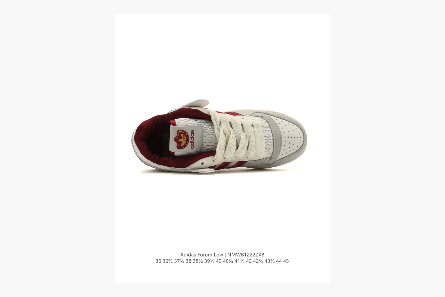 Adidas Forum Low White Burgundy shopping brief photo showing white leather low-top upper, burgundy three-stripe accents, gum sole, padded court profile, and strap-style Forum shape thumbnail 5