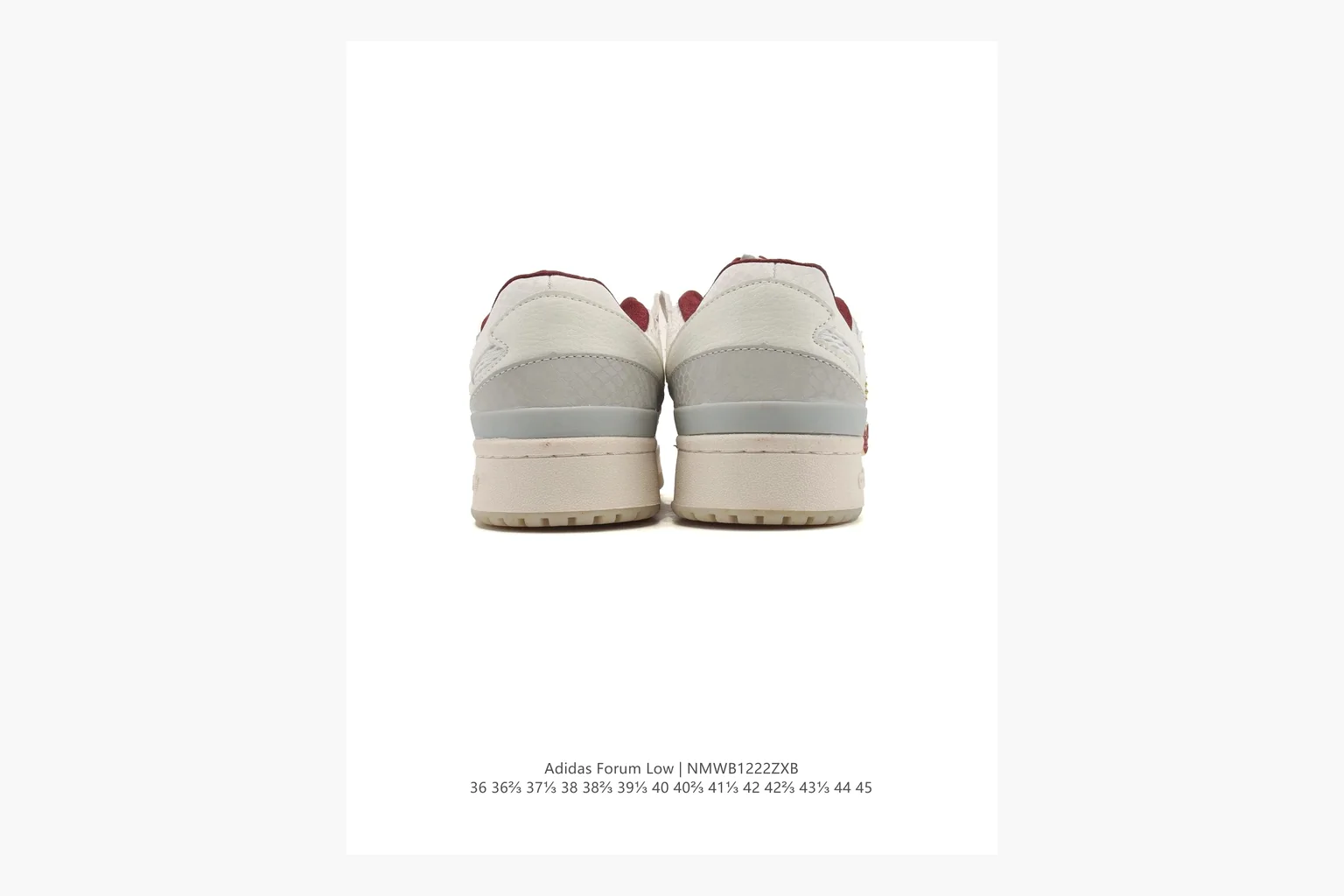 Adidas Forum Low White Burgundy shopping brief photo showing white leather low-top upper, burgundy three-stripe accents, gum sole, padded court profile, and strap-style Forum shape thumbnail 6