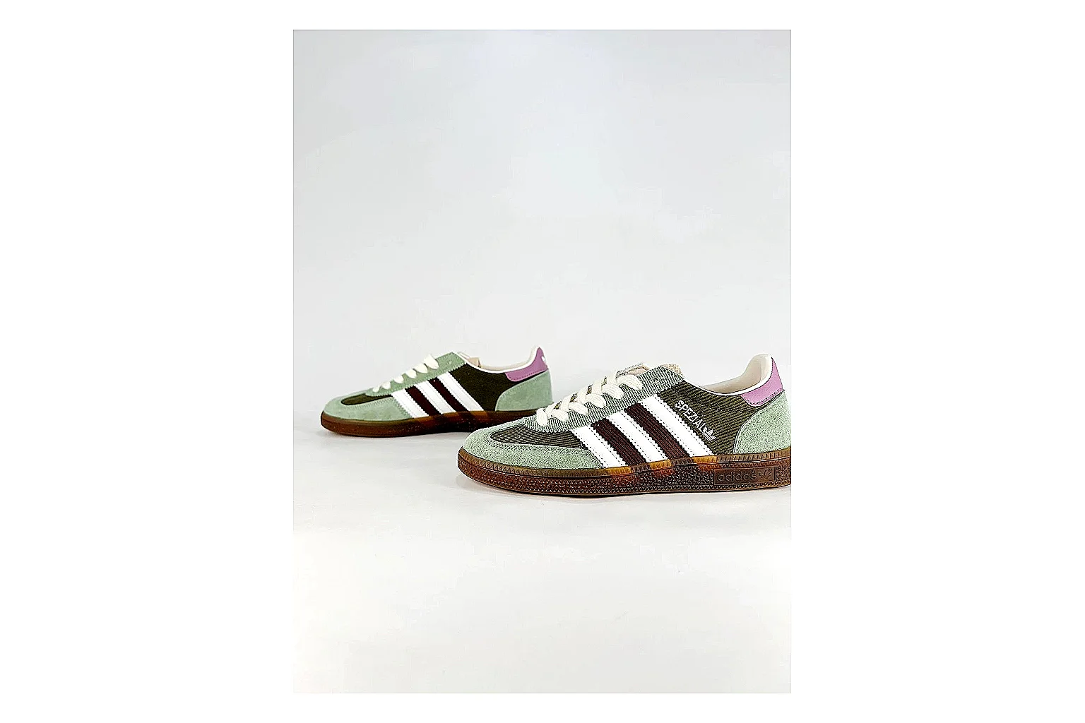 Adidas Originals Handball Spezial Green Brown Sneakers shopping brief image showing green brown handball sneakers with suede-leather texture, side-profile shape, upper panel lines, and outsole detail thumbnail 3