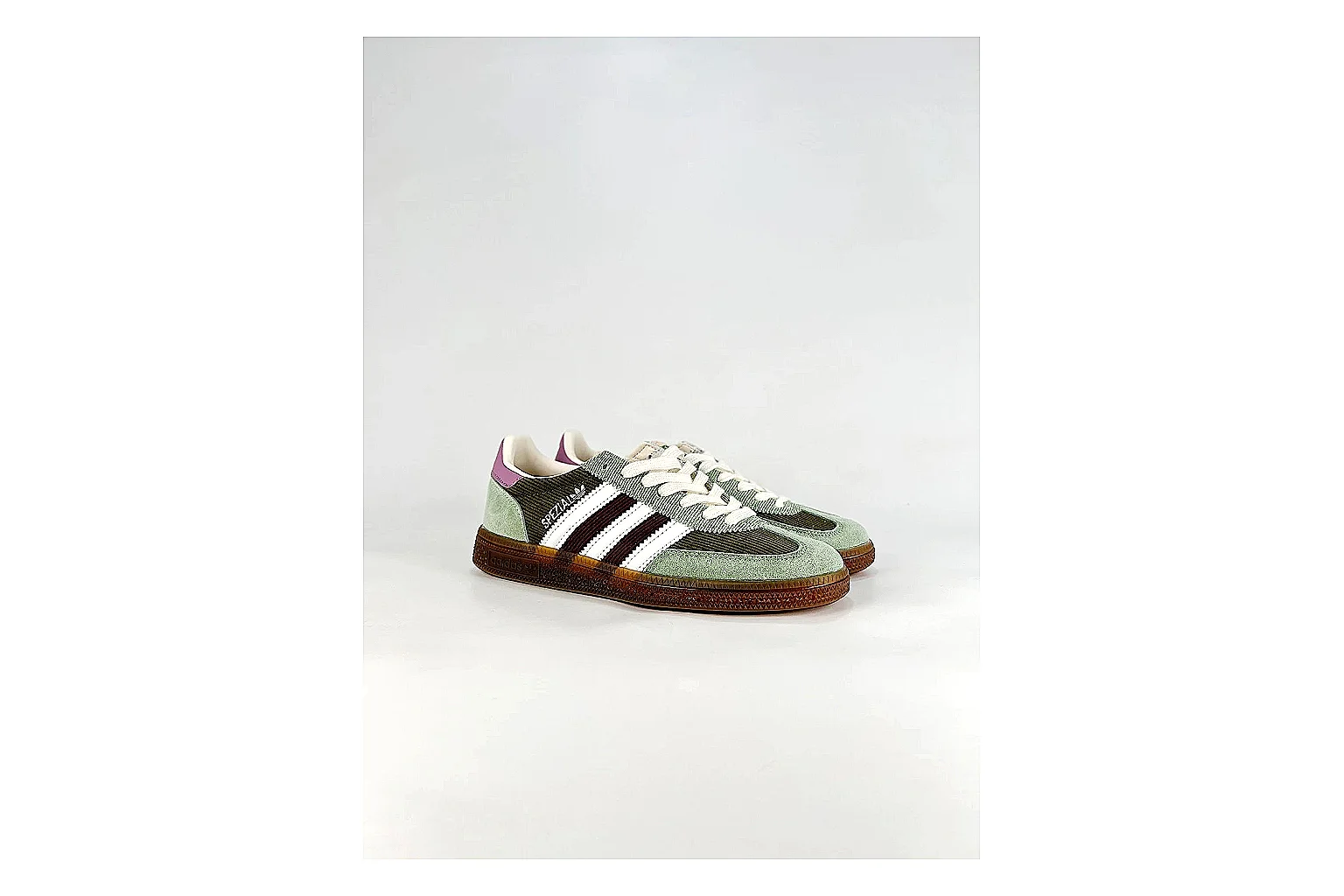 Adidas Originals Handball Spezial Green Brown Sneakers shopping brief image showing green brown handball sneakers with suede-leather texture, side-profile shape, upper panel lines, and outsole detail thumbnail 4