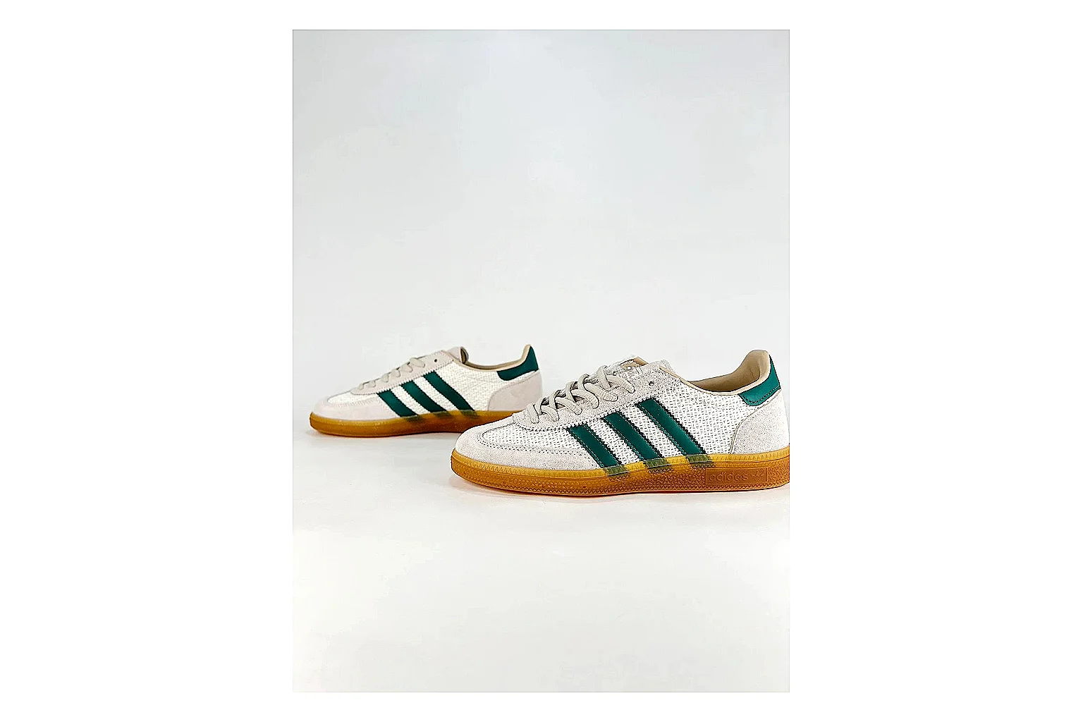 Adidas Originals Handball Spezial White Green Sneakers shopping brief image showing white green handball sneakers with suede-leather texture, side-profile shape, upper panel lines, and outsole detail thumbnail 3