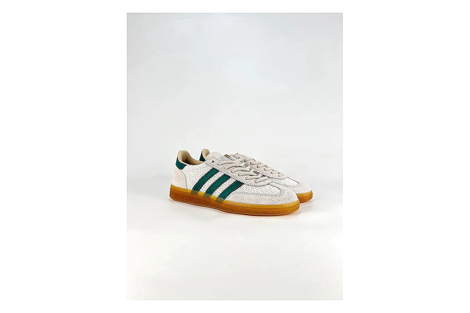 Adidas Originals Handball Spezial White Green Sneakers shopping brief image showing white green handball sneakers with suede-leather texture, side-profile shape, upper panel lines, and outsole detail thumbnail 4