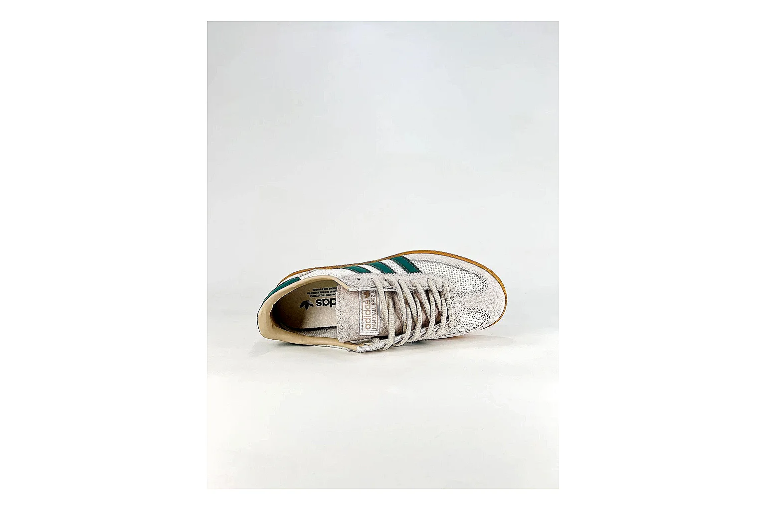 Adidas Originals Handball Spezial White Green Sneakers shopping brief image showing white green handball sneakers with suede-leather texture, side-profile shape, upper panel lines, and outsole detail thumbnail 5