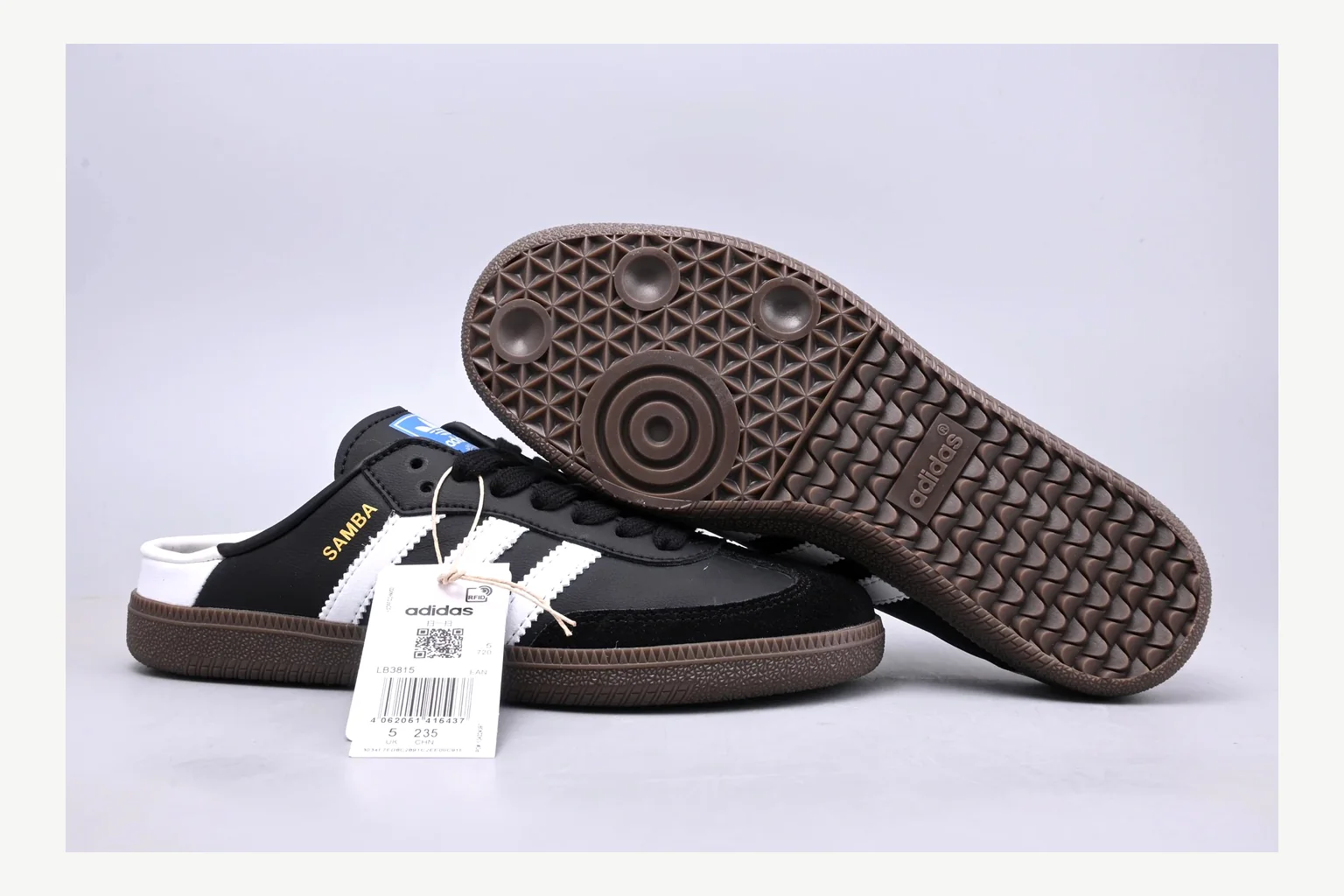 Adidas Originals Samba Black White shopping brief image showing white black low-top sneaker with mixed-material upper and low-profile shape thumbnail 3