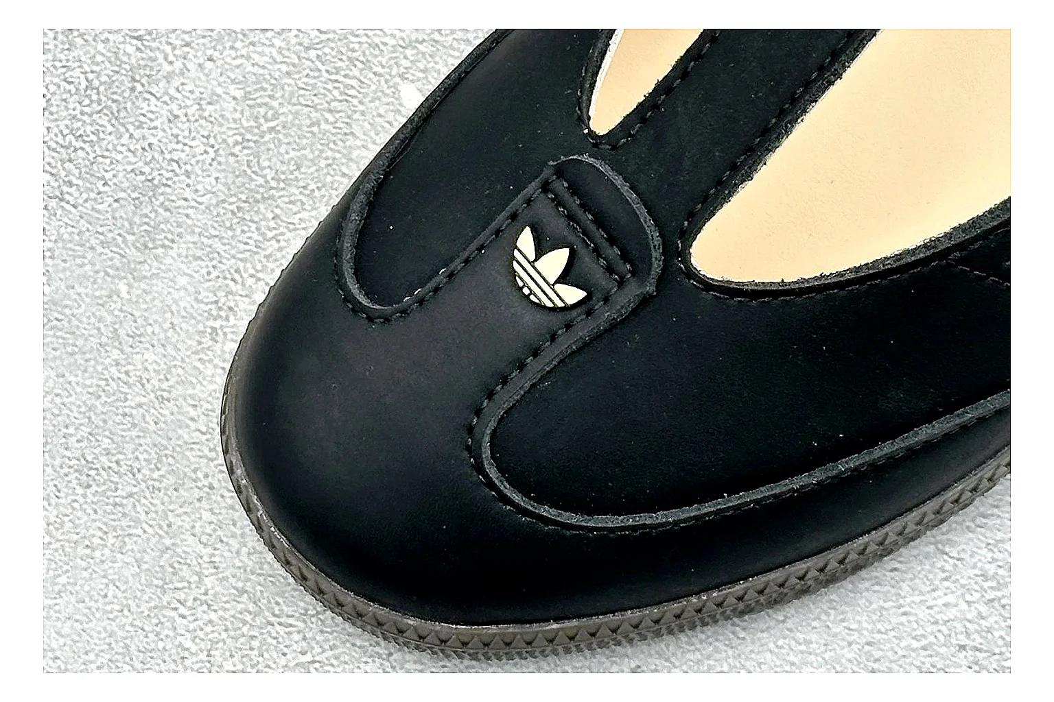 Adidas Samba Jane Black shopping brief photo showing black Mary Jane upper, Samba-style stripes, strap closure, gum outsole, and low terrace shape thumbnail 3