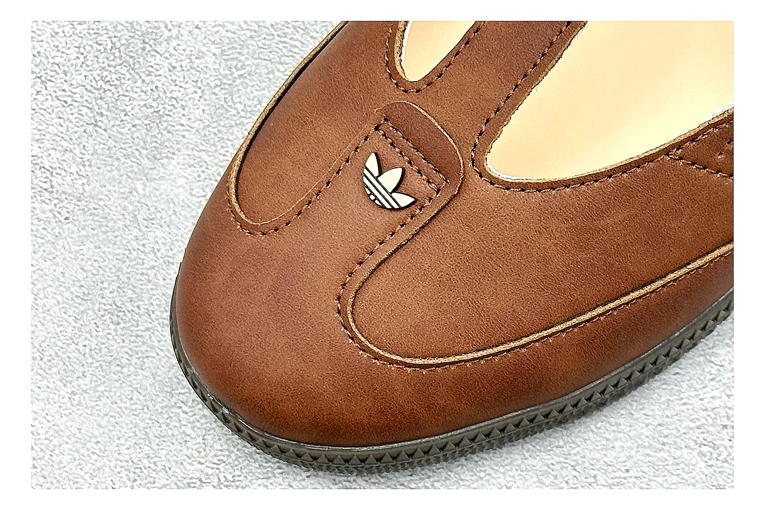 Adidas Samba Jane Brown shopping brief photo showing brown Mary Jane upper, Samba-style side stripes, strap closure, gum outsole, and low terrace profile thumbnail 3