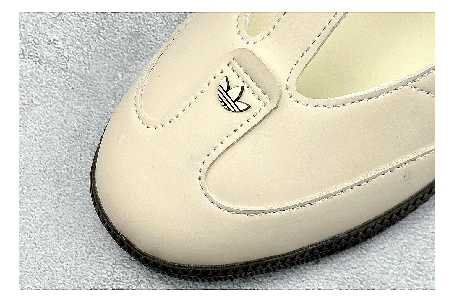 Adidas Samba Jane Cream shopping brief photo showing cream Mary Jane upper, dark gum outsole, Samba-style side stripes, and low strap silhouette thumbnail 3