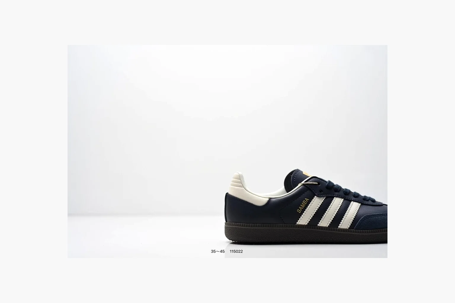 Adidas Samba OG Black White Gold shopping brief photo showing black leather-suede low-top upper, white three stripes, gold tongue label, gum sole, and classic Samba side profile thumbnail 4