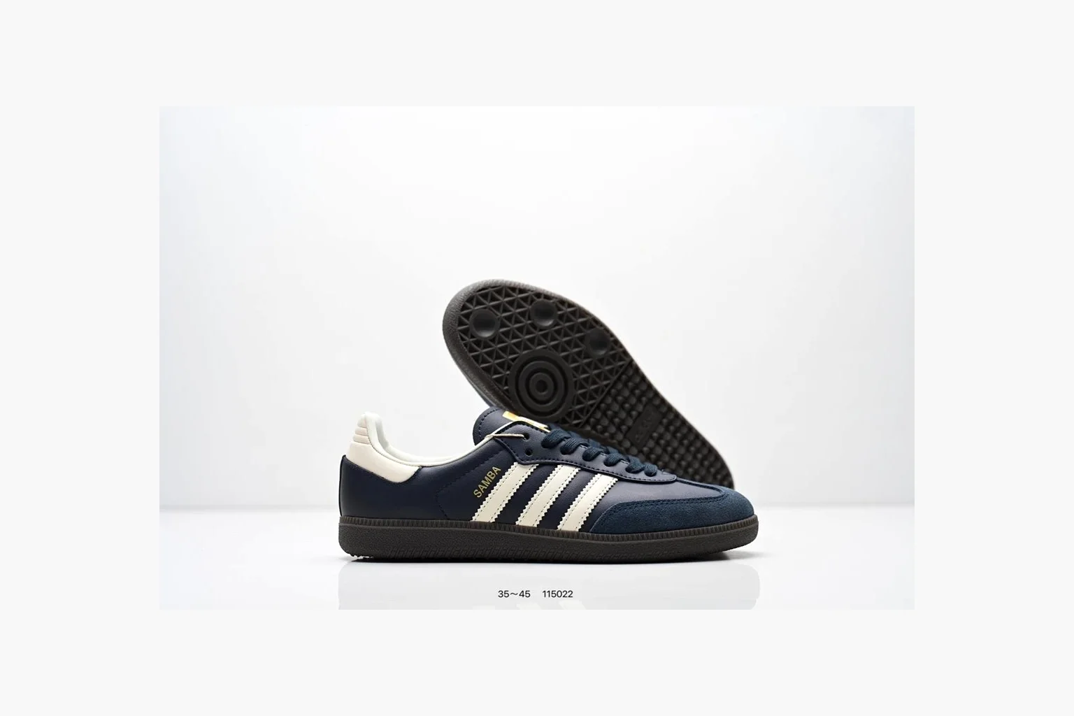 Adidas Samba OG Black White Gold shopping brief photo showing black leather-suede low-top upper, white three stripes, gold tongue label, gum sole, and classic Samba side profile thumbnail 6