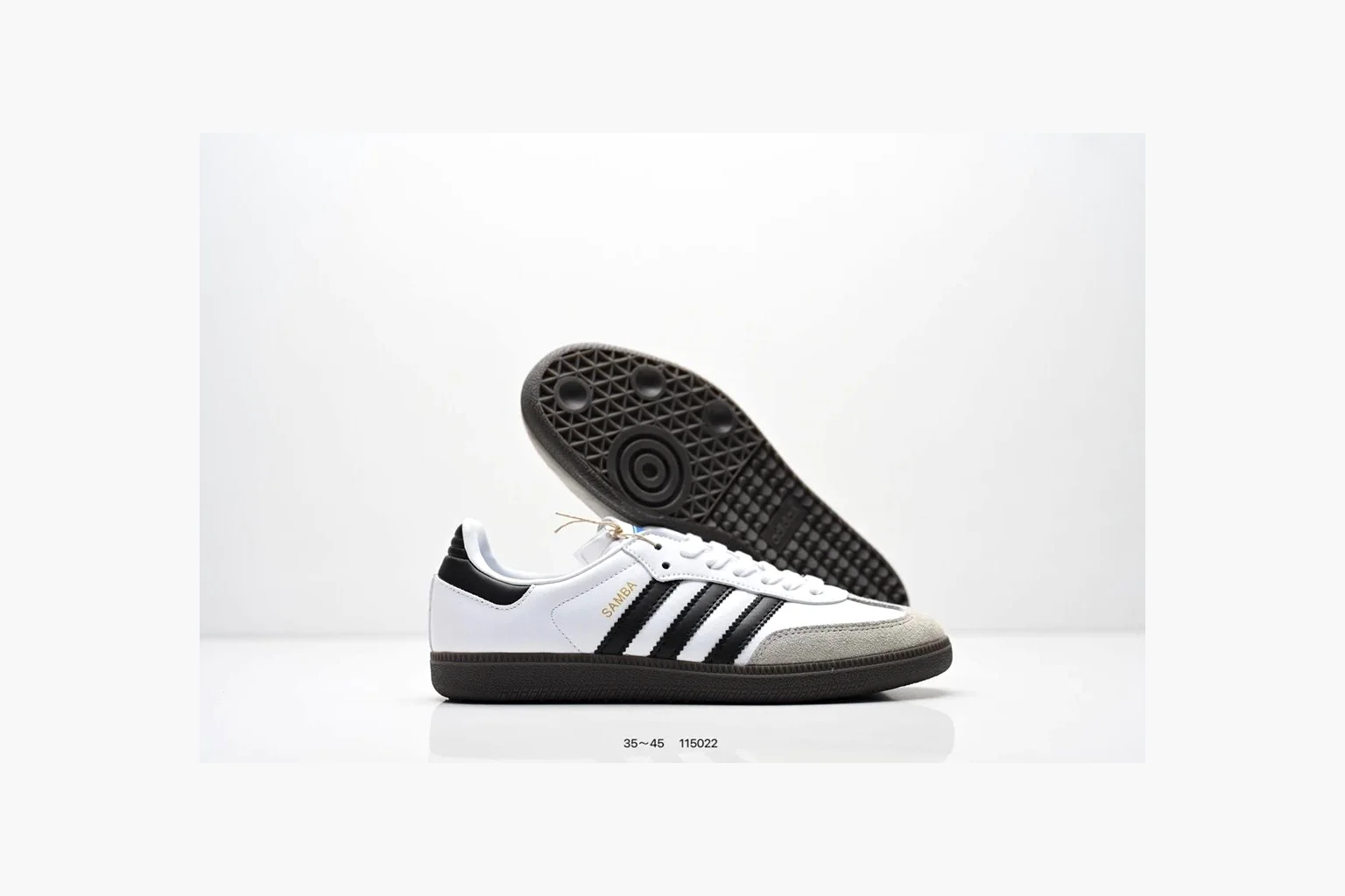Adidas Samba OG White Black Blue shopping brief photo showing white leather-suede low-top upper, black three stripes, blue heel detail, gum terrace sole, and slim Samba profile thumbnail 6