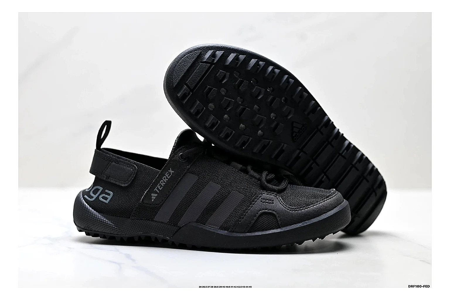 Adidas Terrex Daroga Black Sneakers shopping brief image showing black outdoor trail sneakers with mesh texture, side-profile shape, upper panel lines, and outsole detail thumbnail 3