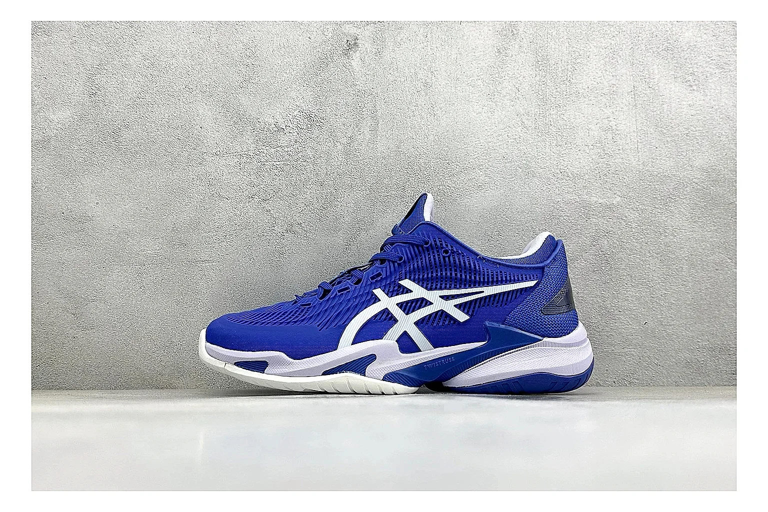 Asics Court FF Royal Blue shopping brief photo showing royal blue court upper, Asics side stripes, supportive sole wall, and stable tennis profile