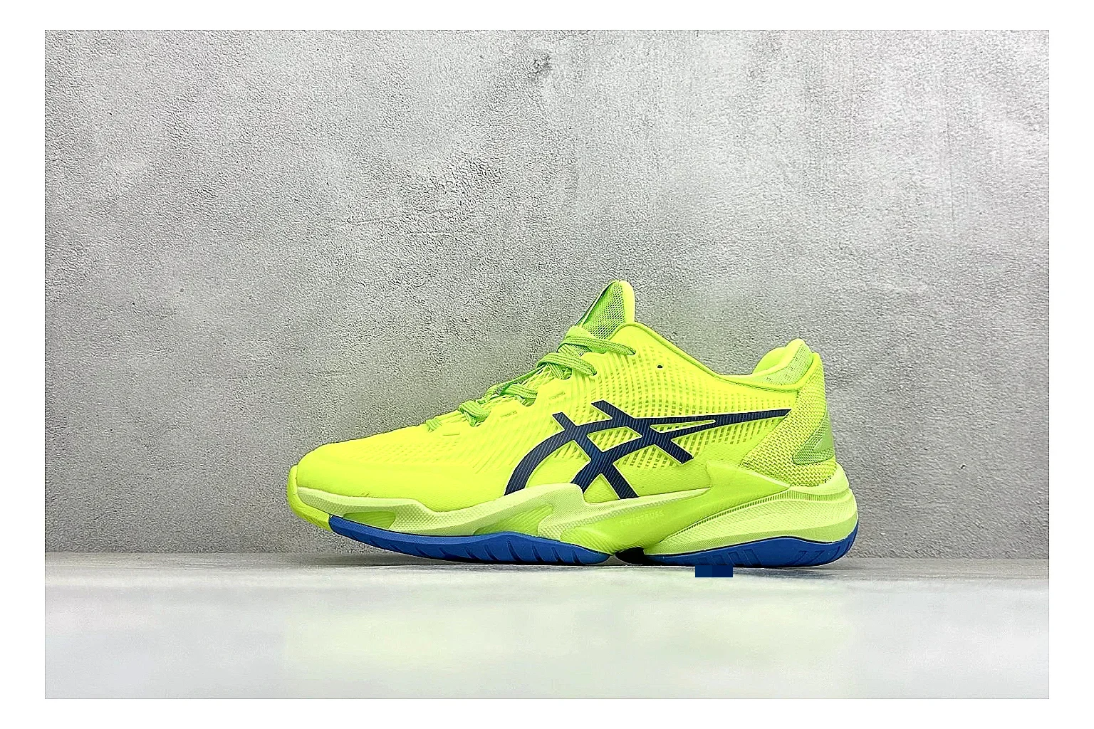 Asics Court FF Volt Blue shopping brief photo showing bright volt and blue court upper, supportive sole wall, Asics side lines, and stable tennis profile