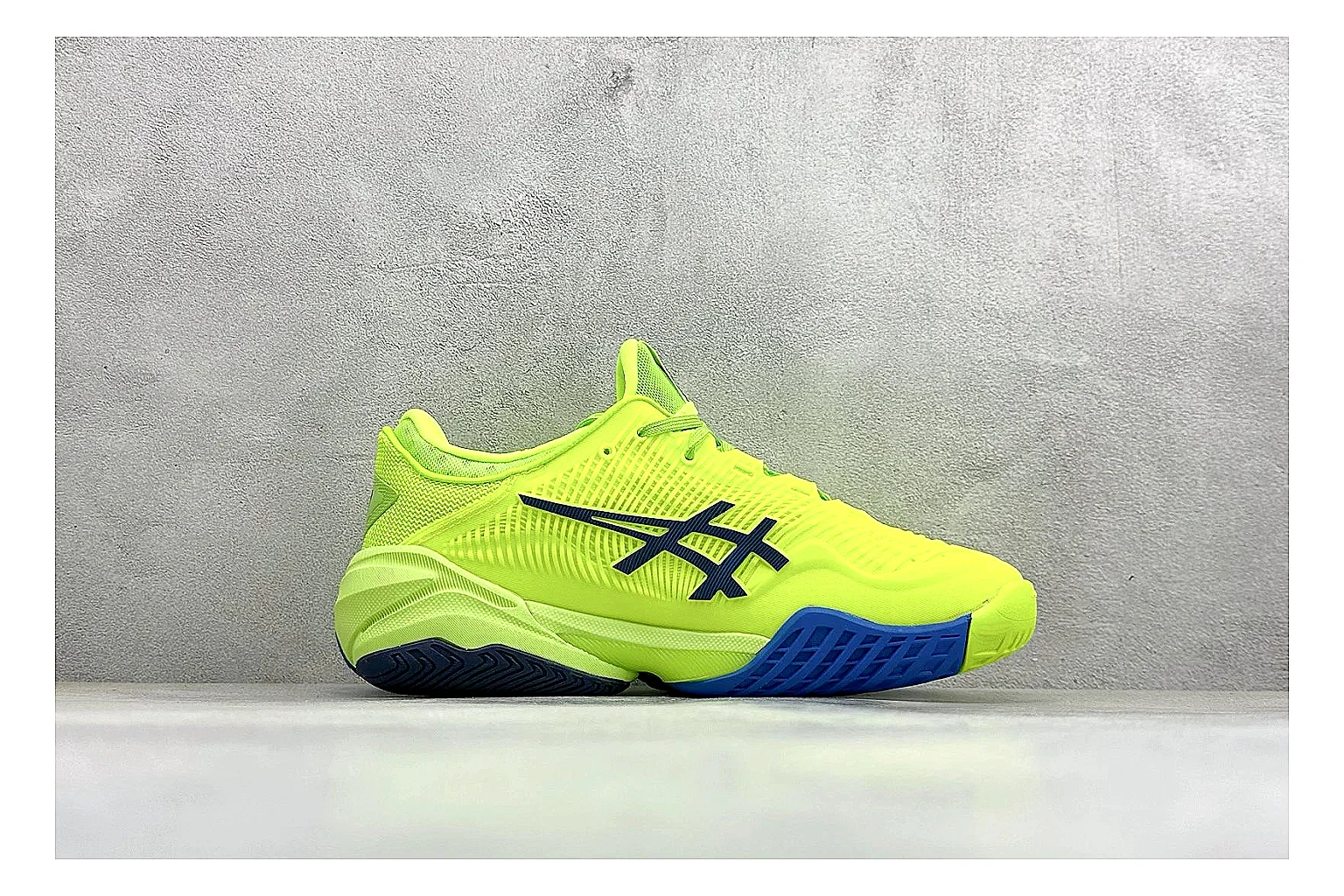 Asics Court FF Volt Blue shopping brief photo showing bright volt and blue court upper, supportive sole wall, Asics side lines, and stable tennis profile thumbnail 4