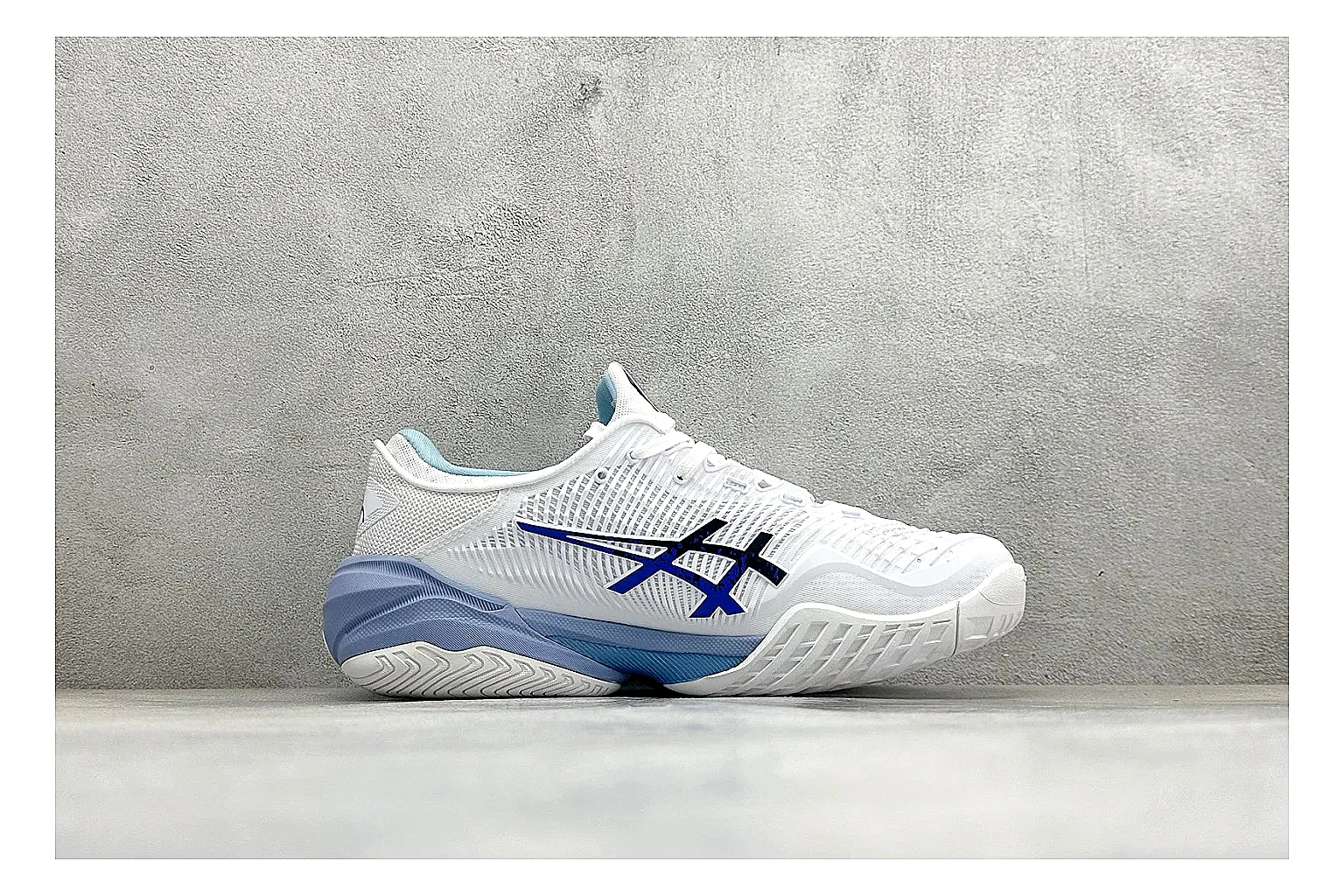 Asics Court FF White Blue shopping brief photo showing white tennis upper, blue Asics side lines, supportive sole wall, and stable court profile thumbnail 4