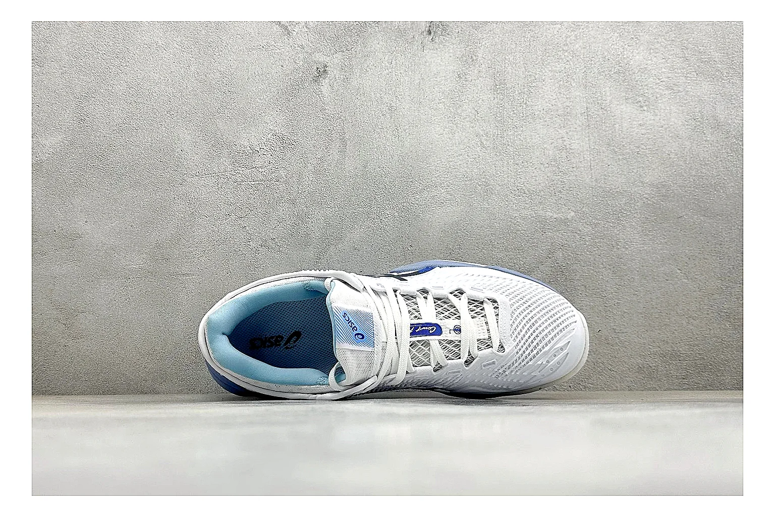 Asics Court FF White Blue shopping brief photo showing white tennis upper, blue Asics side lines, supportive sole wall, and stable court profile thumbnail 5