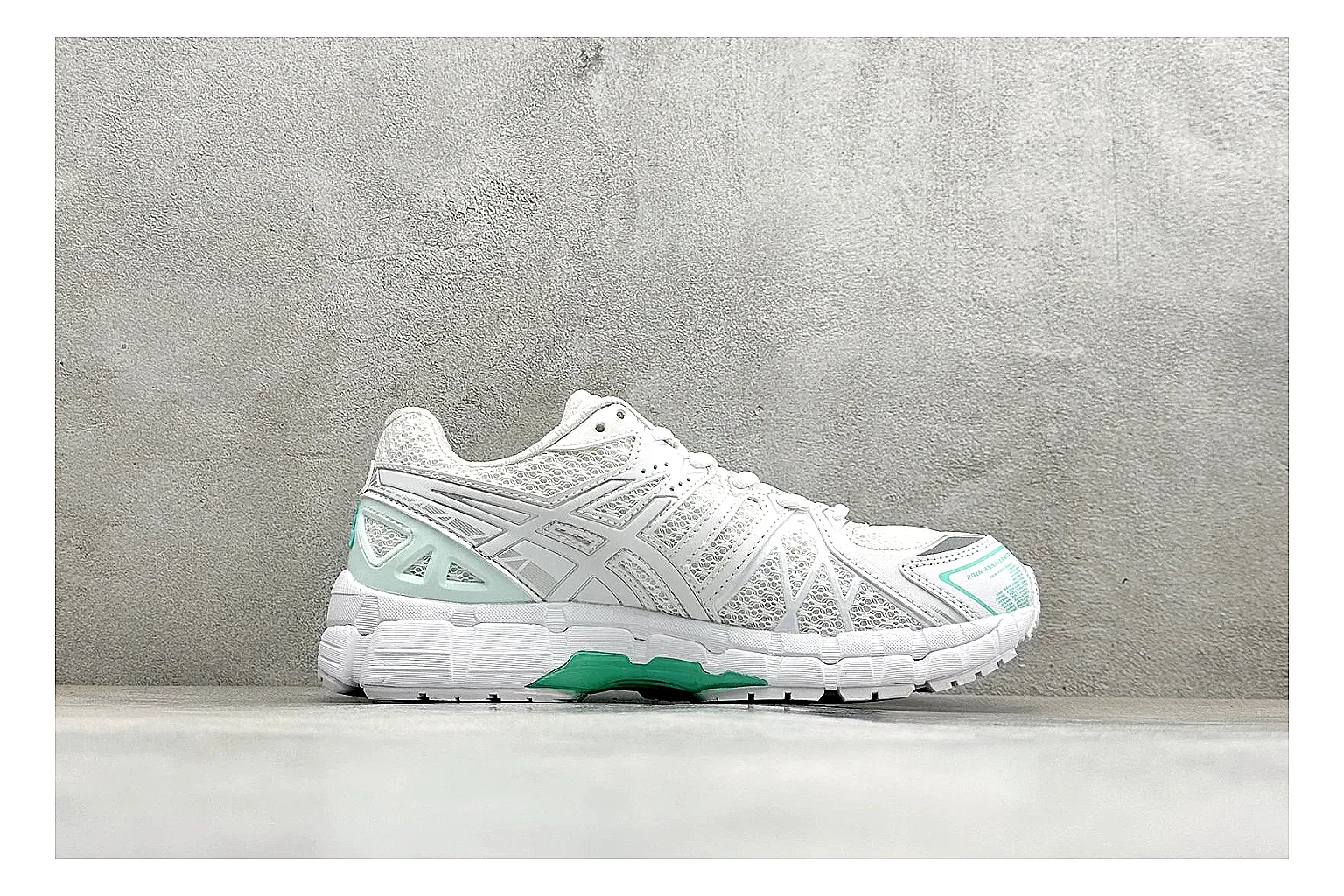 Asics Gel-Kayano White Mint shopping brief photo showing white mesh runner upper, mint Asics accents, cushioned Gel-Kayano sole, and technical support shape thumbnail 4