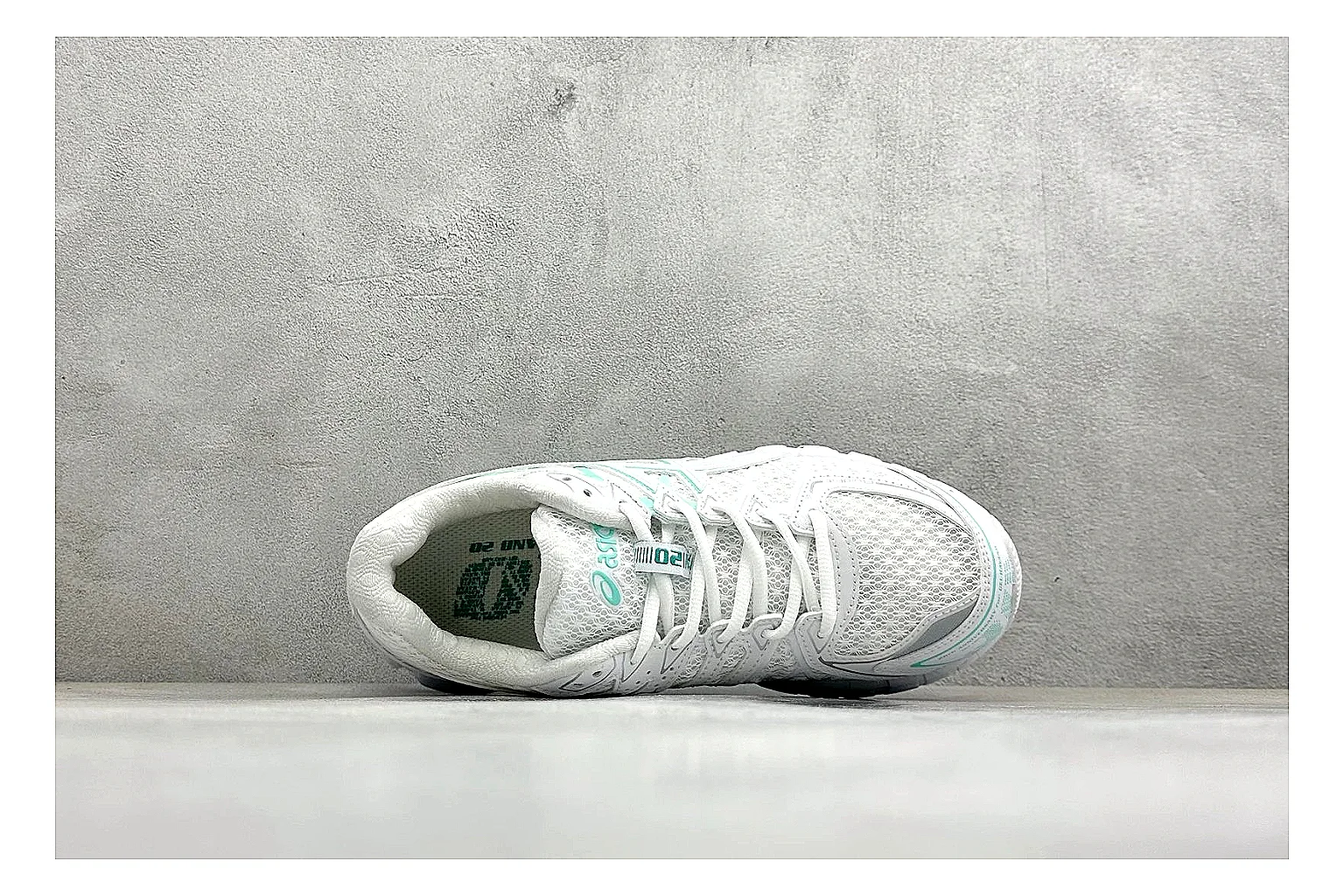 Asics Gel-Kayano White Mint shopping brief photo showing white mesh runner upper, mint Asics accents, cushioned Gel-Kayano sole, and technical support shape thumbnail 5
