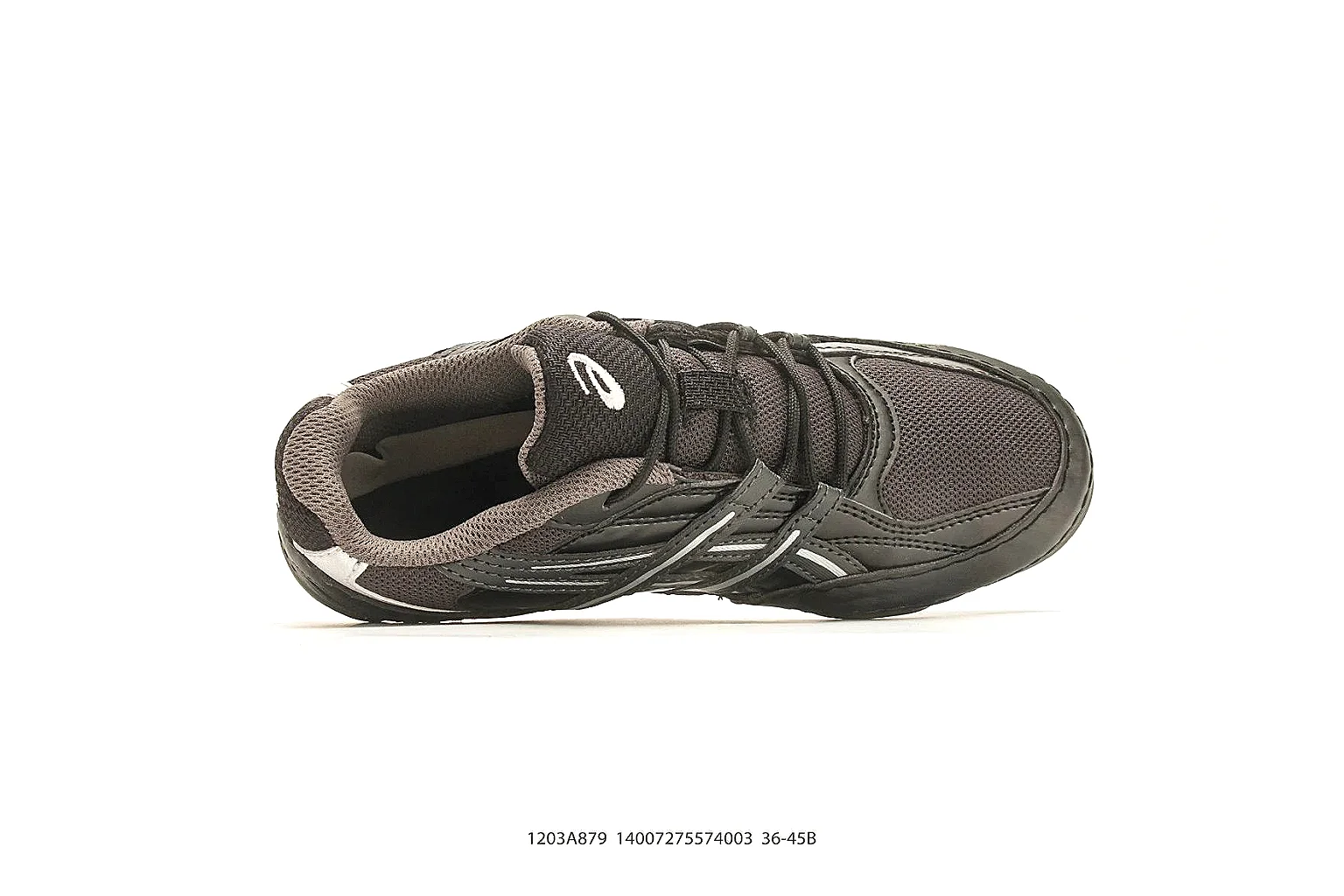 Asics Gel Runner Black Gray shopping brief photo showing black gray mesh-leather upper, layered runner panels, Asics side stripes, and cushioned retro sole thumbnail 5