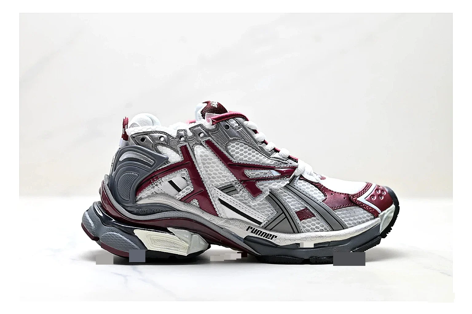 Asics Gel Runner Gray Burgundy shopping brief photo showing gray mesh-leather runner upper, burgundy Asics accents, retro runner shape, and cushioned sole