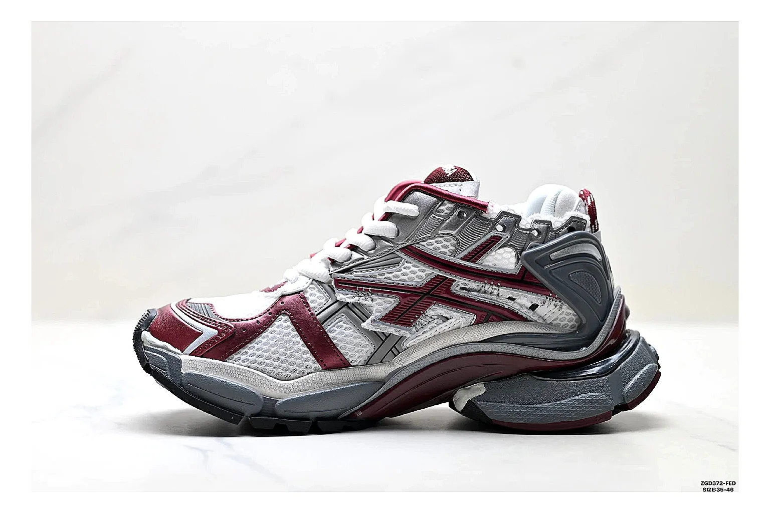 Asics Gel Runner Gray Burgundy shopping brief photo showing gray mesh-leather runner upper, burgundy Asics accents, retro runner shape, and cushioned sole thumbnail 5