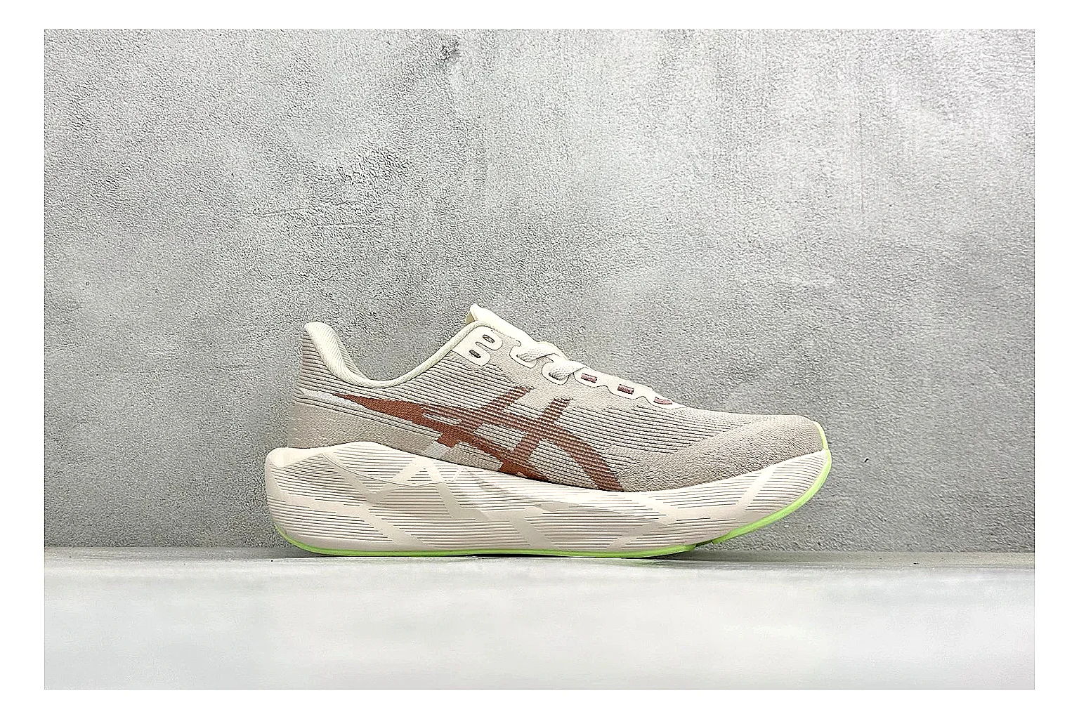 Asics Novablast 6 Cream Green shopping brief photo showing cream running mesh, green side accents, tall cushioned sole, and modern training silhouette thumbnail 4