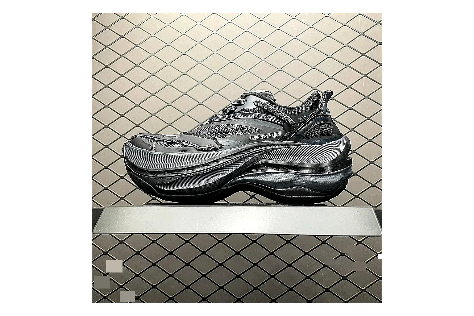 Balenciaga Track Grey Black Runner shopping brief image showing black grey track chunky runner with mixed upper and chunky shape
