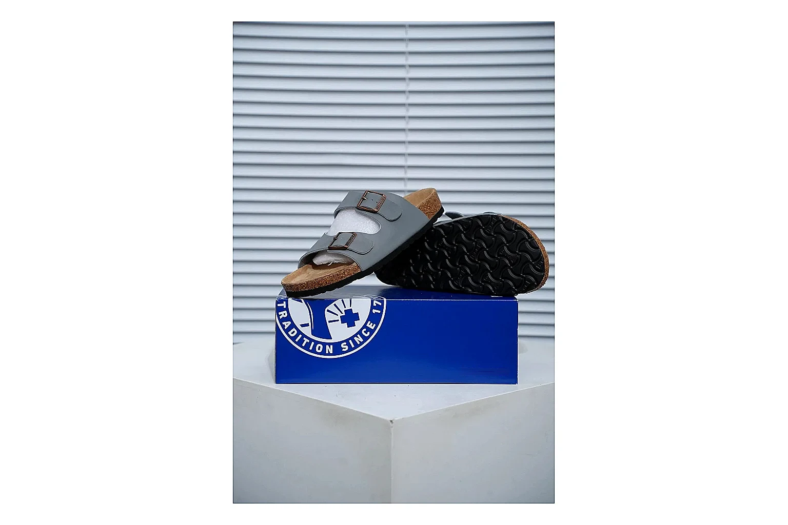 Birkenstock Arizona Charcoal Cork Slide shopping brief image showing adjustable buckles, molded cork footbed and dark outsole for understated everyday style thumbnail 4