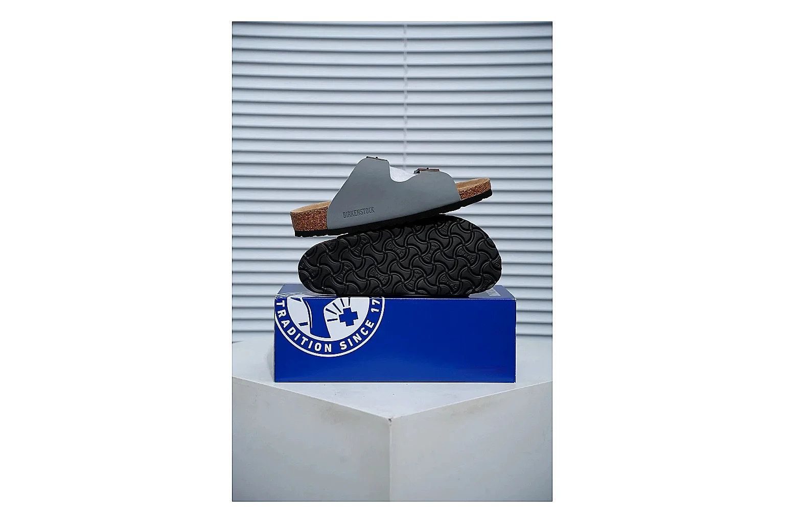 Birkenstock Arizona Charcoal Cork Slide shopping brief image showing adjustable buckles, molded cork footbed and dark outsole for understated everyday style thumbnail 5