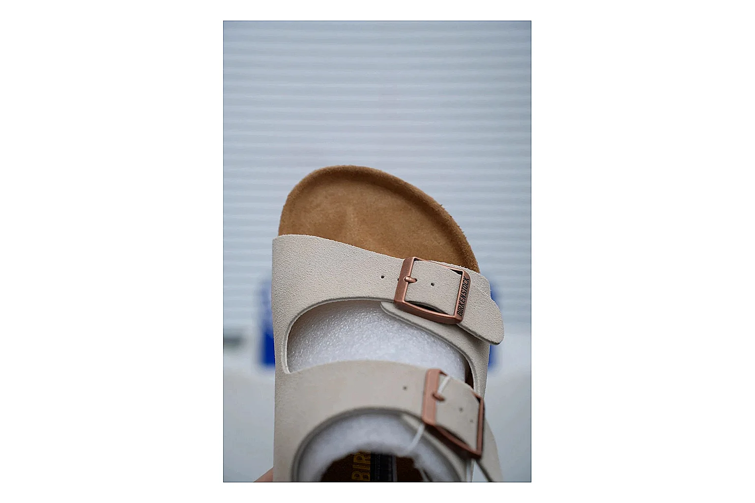 Birkenstock Arizona Cream Cork Slide shopping brief image showing adjustable buckles, soft neutral upper and contoured footbed for easy casual wear thumbnail 3