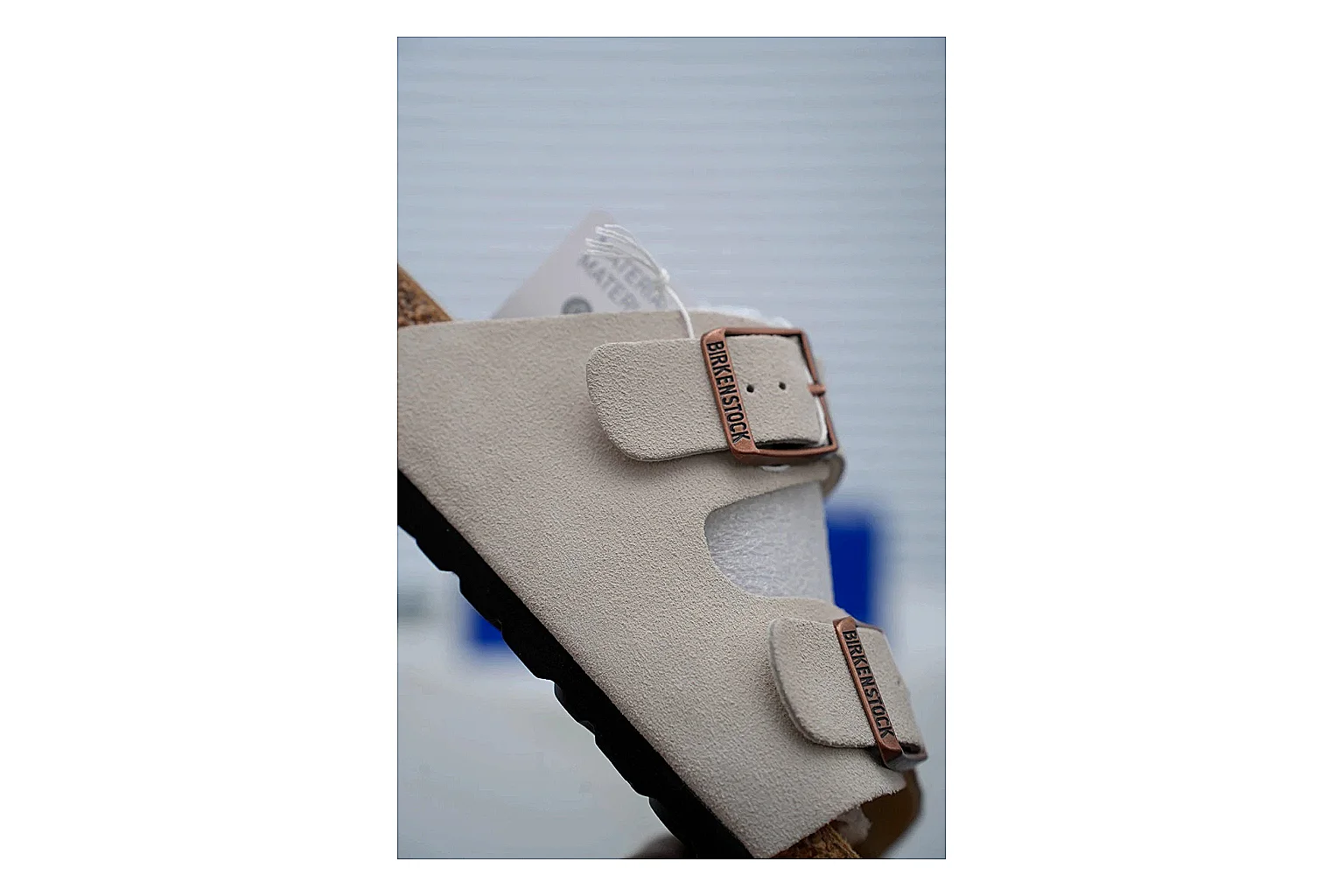 Birkenstock Arizona Cream Cork Slide shopping brief image showing adjustable buckles, soft neutral upper and contoured footbed for easy casual wear thumbnail 6