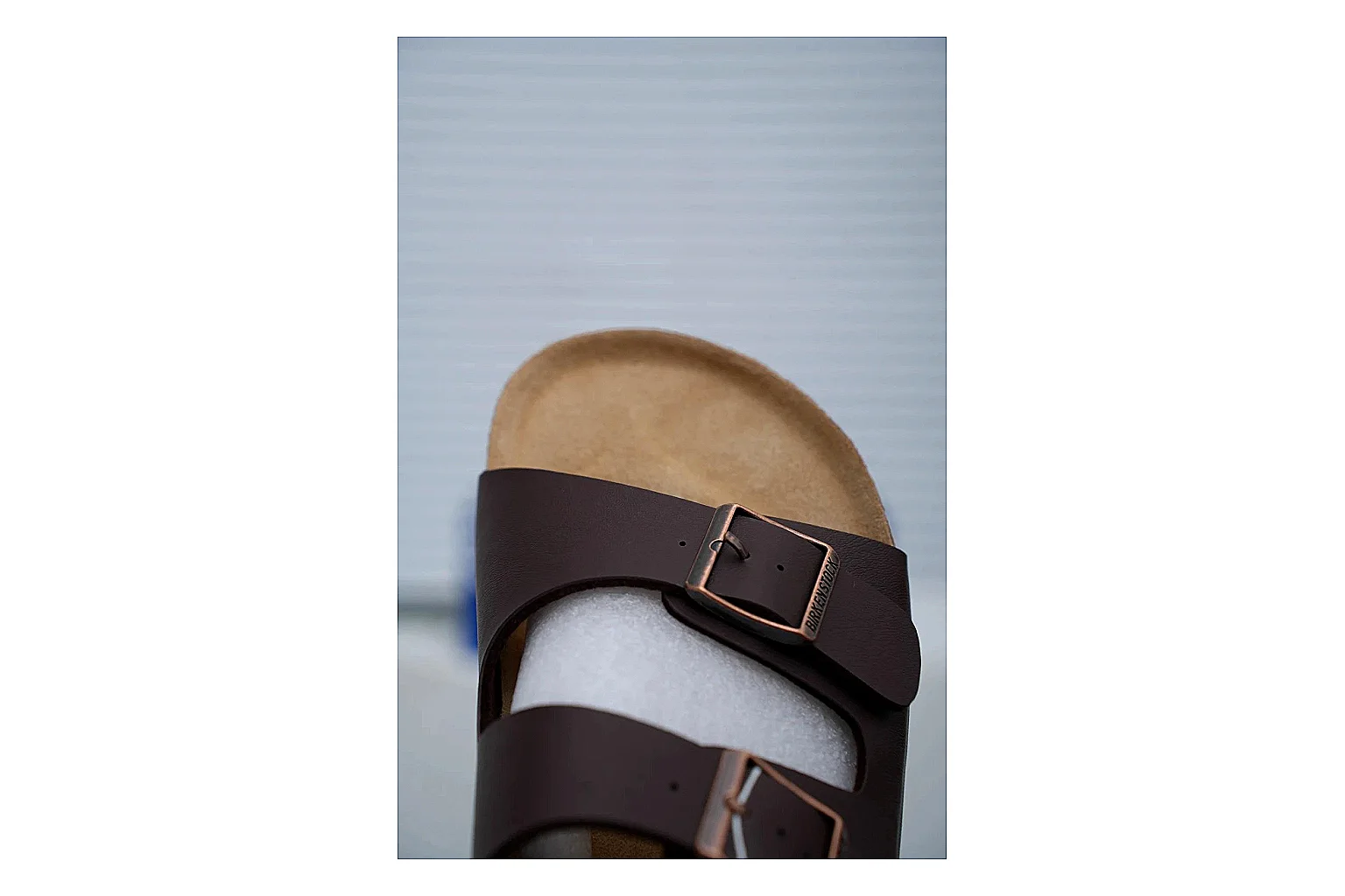 Birkenstock Arizona Mocha Cork Slide shopping brief image showing adjustable buckles, warm brown upper and contoured footbed for relaxed retro styling thumbnail 3