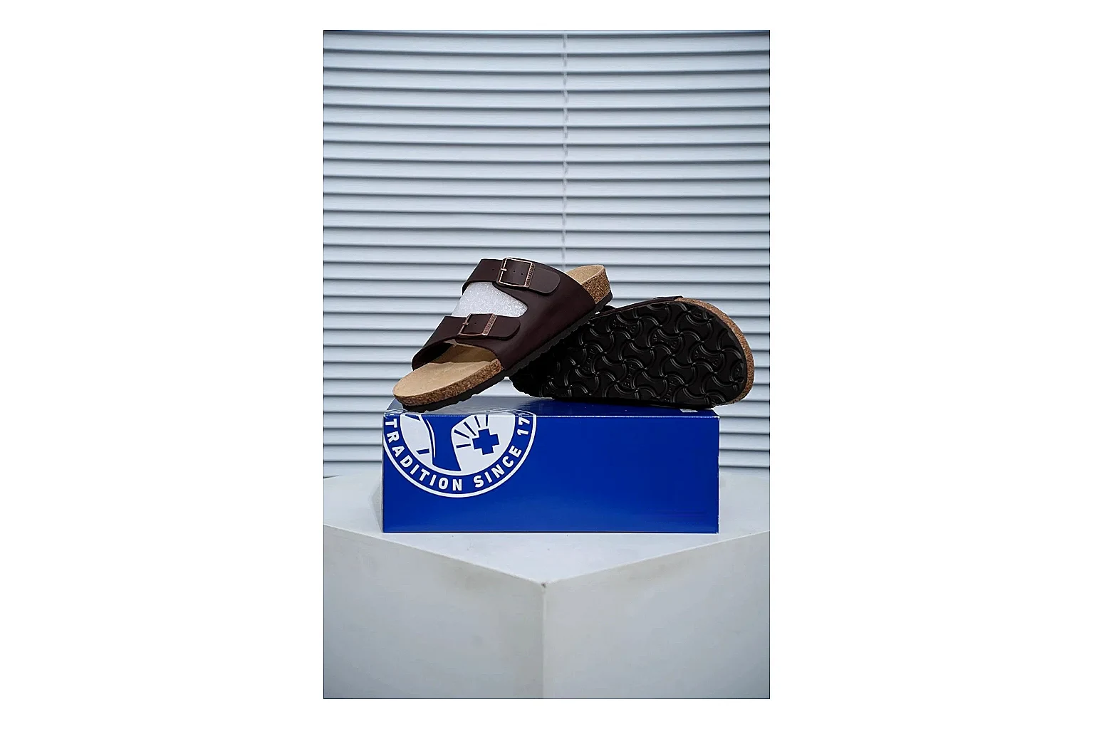 Birkenstock Arizona Mocha Cork Slide shopping brief image showing adjustable buckles, warm brown upper and contoured footbed for relaxed retro styling thumbnail 4