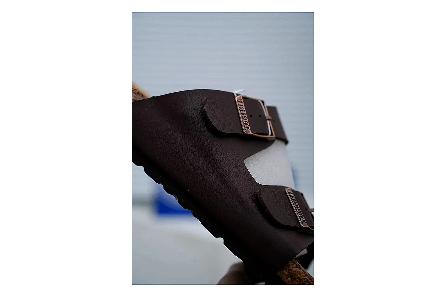 Birkenstock Arizona Mocha Cork Slide shopping brief image showing adjustable buckles, warm brown upper and contoured footbed for relaxed retro styling thumbnail 6