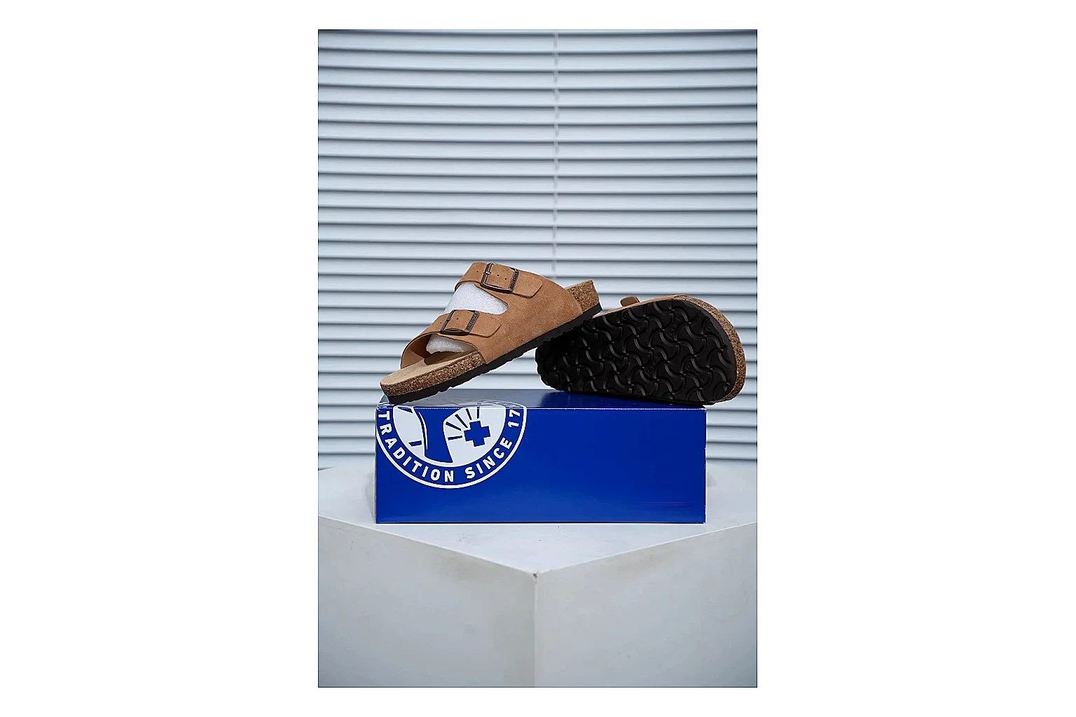 Birkenstock Arizona Tan Cork Slide shopping brief image showing warm brown upper, adjustable buckles and contoured footbed for easy casual outfits thumbnail 4