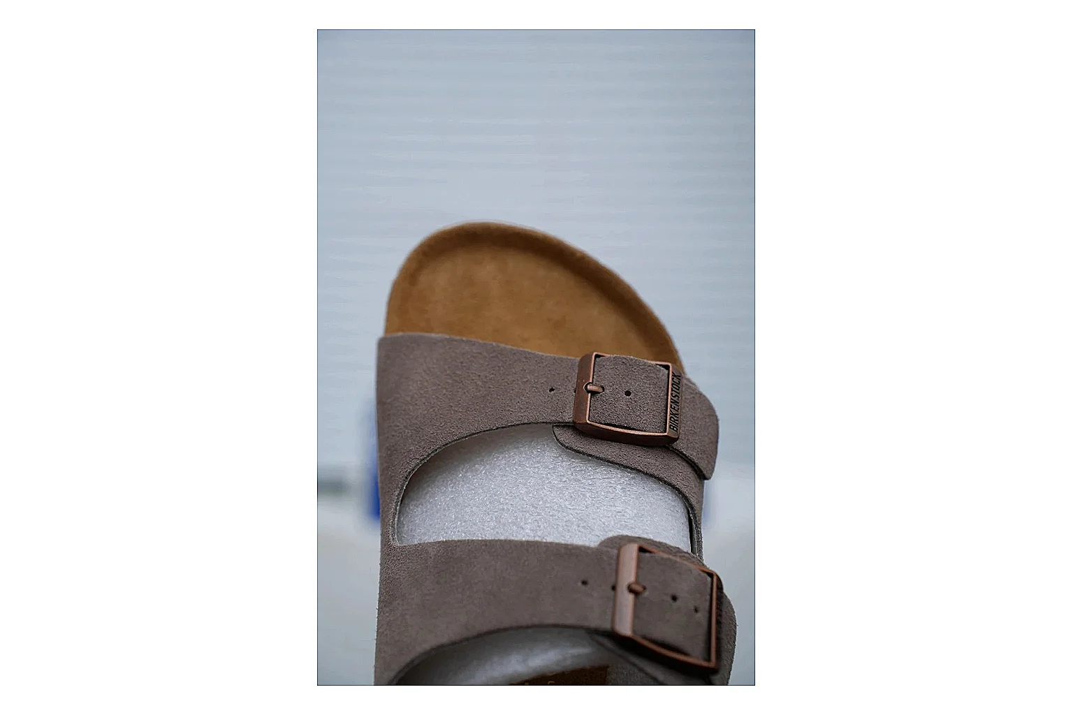 Birkenstock Arizona Taupe Cork Slide shopping brief image showing suede-look upper, adjustable buckles and contoured footbed for natural everyday styling thumbnail 3