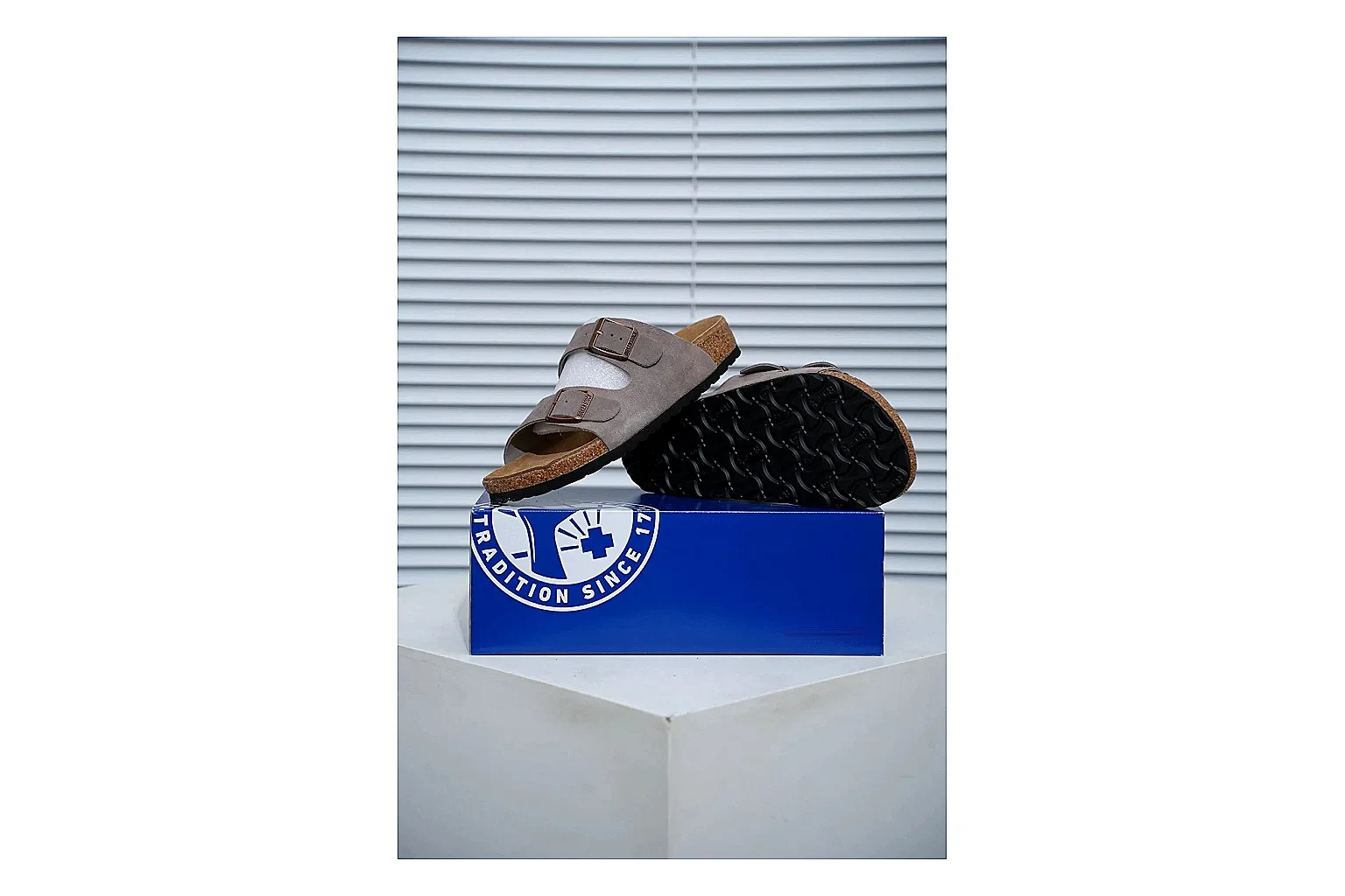 Birkenstock Arizona Taupe Cork Slide shopping brief image showing suede-look upper, adjustable buckles and contoured footbed for natural everyday styling thumbnail 4