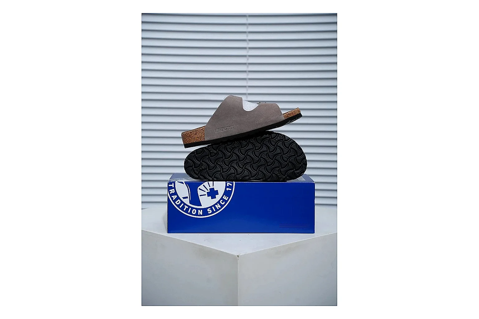 Birkenstock Arizona Taupe Cork Slide shopping brief image showing suede-look upper, adjustable buckles and contoured footbed for natural everyday styling thumbnail 5