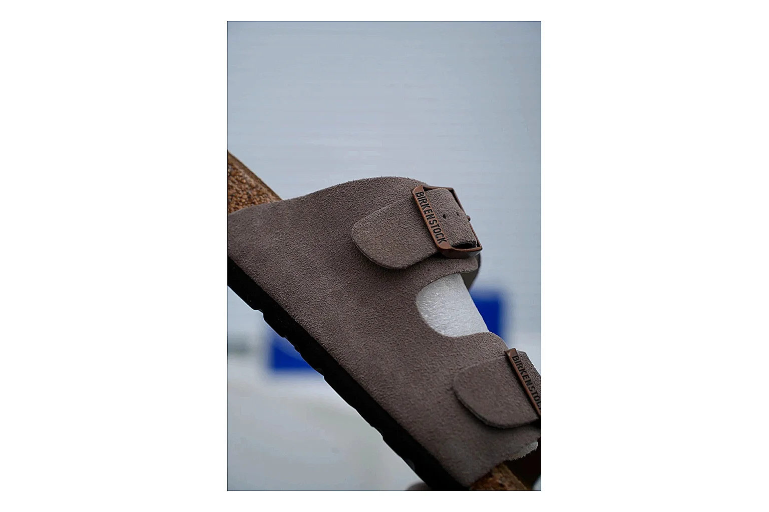 Birkenstock Arizona Taupe Cork Slide shopping brief image showing suede-look upper, adjustable buckles and contoured footbed for natural everyday styling thumbnail 6