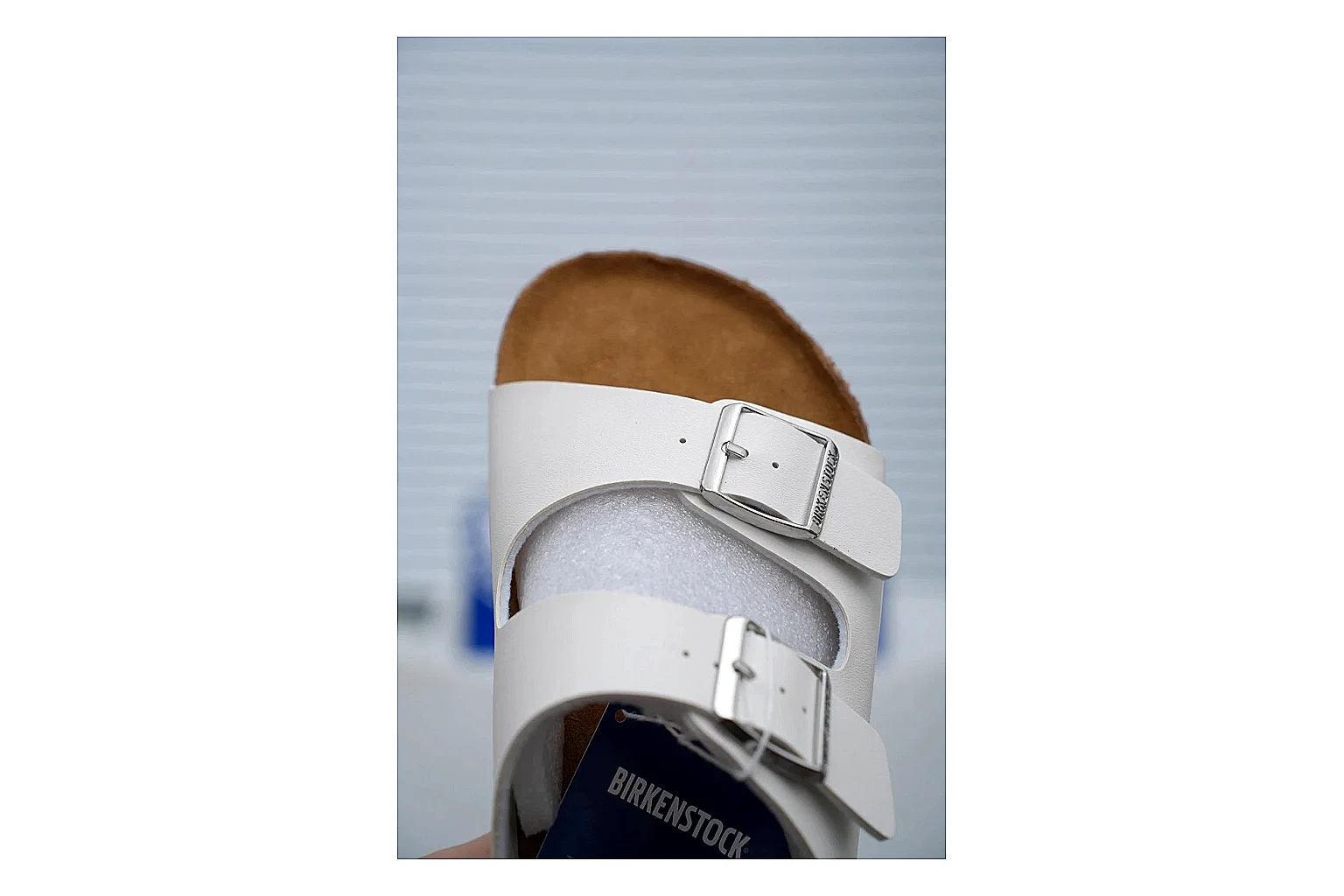 Birkenstock Arizona White Cork Slide shopping brief image showing adjustable buckles, contoured footbed and black outsole for clean summer casual styling thumbnail 3
