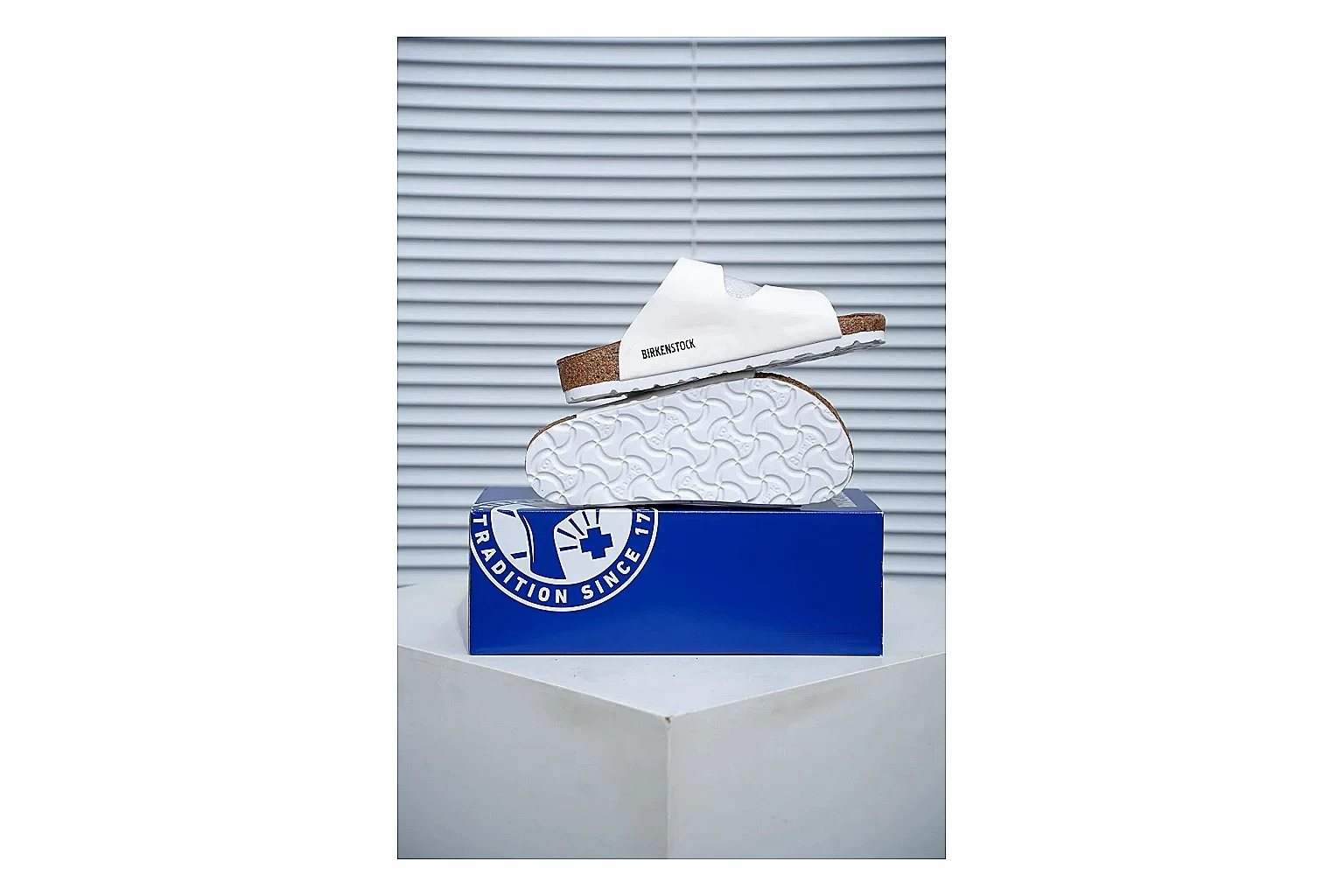 Birkenstock Arizona White Cork Slide shopping brief image showing adjustable buckles, contoured footbed and black outsole for clean summer casual styling thumbnail 5