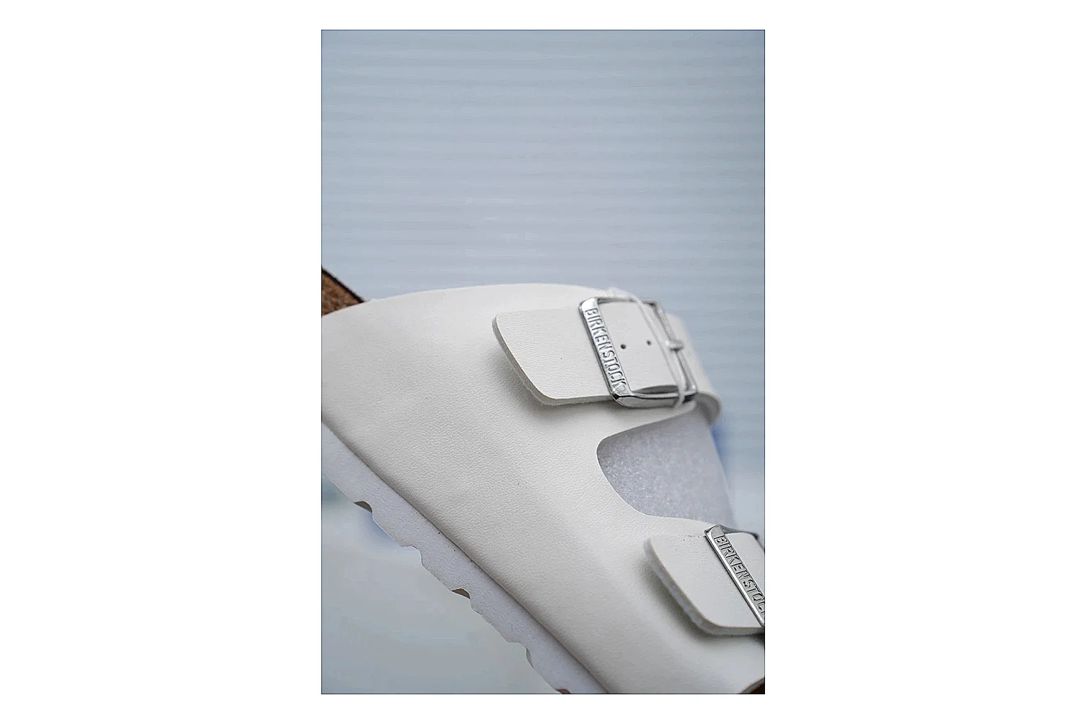 Birkenstock Arizona White Cork Slide shopping brief image showing adjustable buckles, contoured footbed and black outsole for clean summer casual styling thumbnail 6