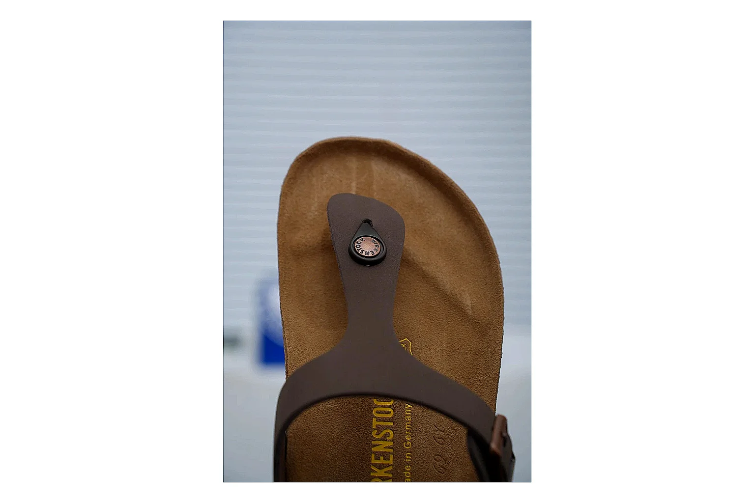Birkenstock Brown Buckle Cork Slide shopping brief image showing wide strap, large metal buckle and contoured footbed for classic relaxed styling thumbnail 3